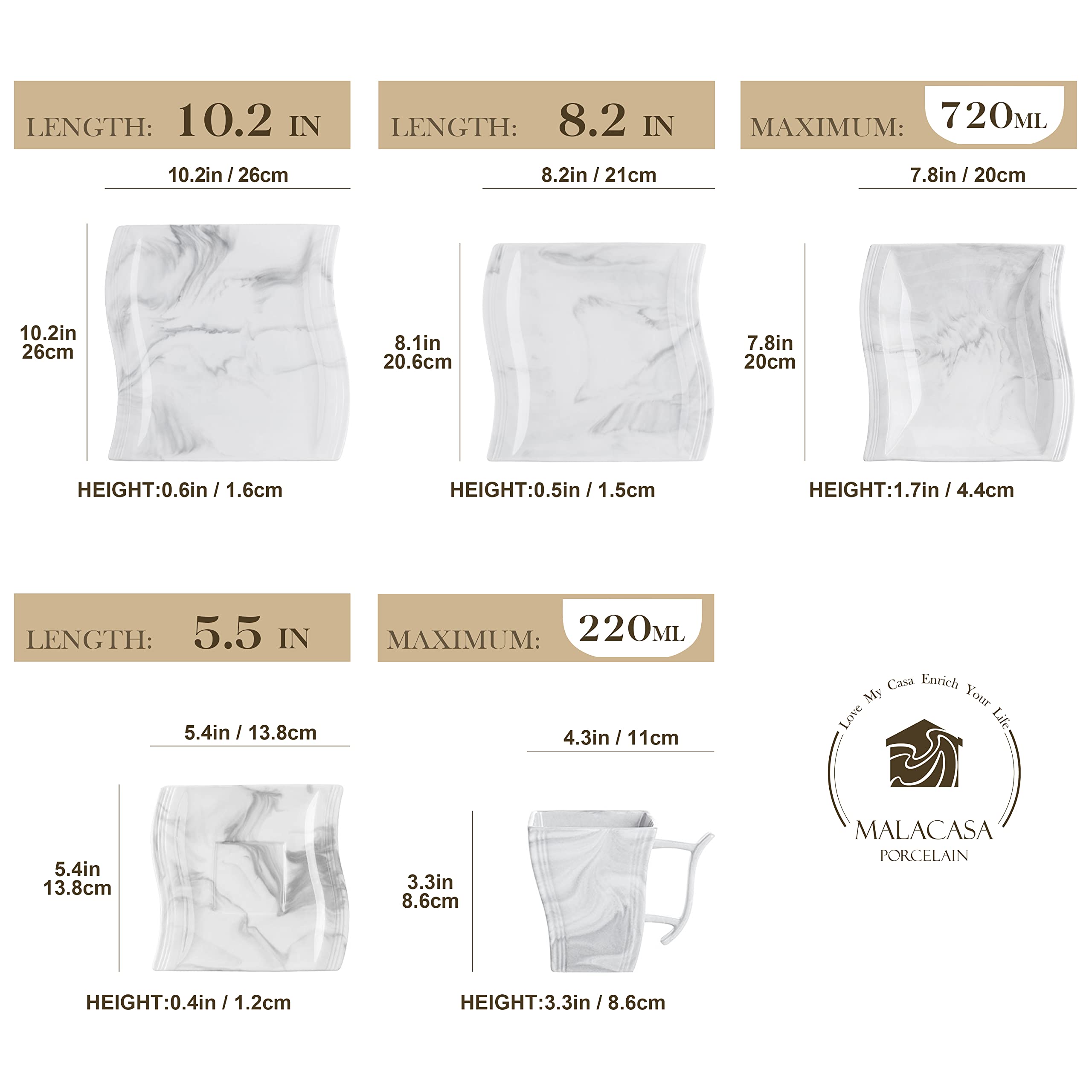 MALACASA 60-Piece Modern Porcelain Dinnerware Set for 12 - Marble Design Plates, Bowls, Cups & Saucers - Square Floral Dinnerware Set for Formal Dining, Wedding, Restaurant & Home Entertaining