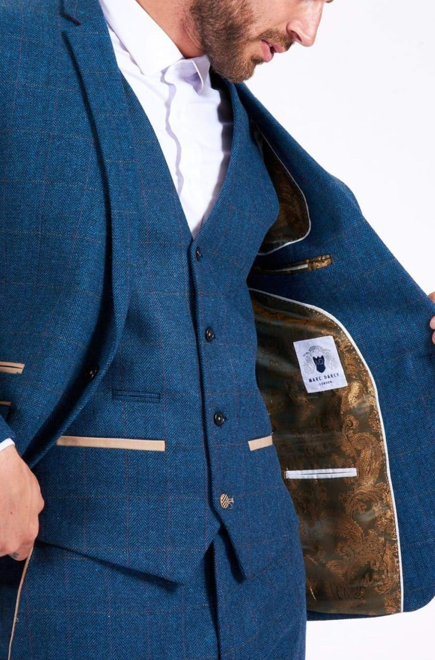 Marc Darcy Dion Men's Blue Tweed Blazer Slim Fit Single Breasted Jacket - Perfect for Business Meetings, Weddings & Formal Events