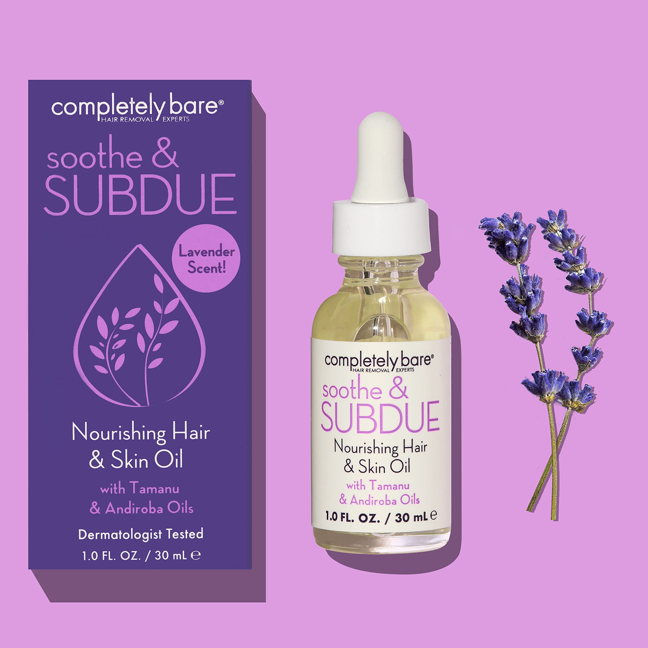 Completely Bare Soothe & Subdue Nourishing Hair & Skin Oil - Reparative Tamanu & Andiroba Oils for Dry Scalp, Split Ends & Sensitive Skin | Natural Moisturizer for Hair Growth & Skin Hydration | Perfect for Daily Use & Post-Hair Removal Care
