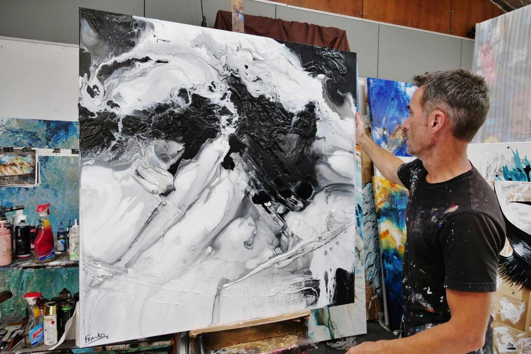 120cm x 120cm Black & White Textured Abstract Canvas Painting - Modern Wall Art for Living Room, Bedroom & Office Decor