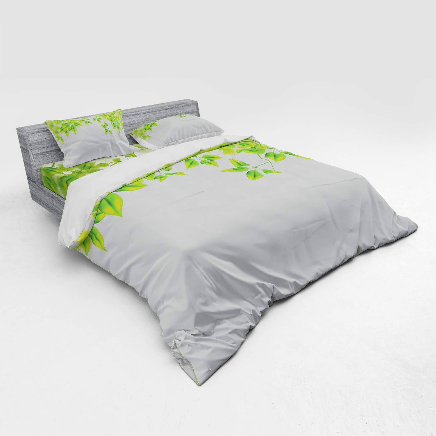Ambesonne King Size 4-Piece Duvet Cover Set - Vibrant Green & White Leaf Pattern, Spring Floral Design with Shams & Fitted Sheet | Perfect for Modern Bedroom Decor, Guest Room Refresh, or Nature-Themed Home Styling