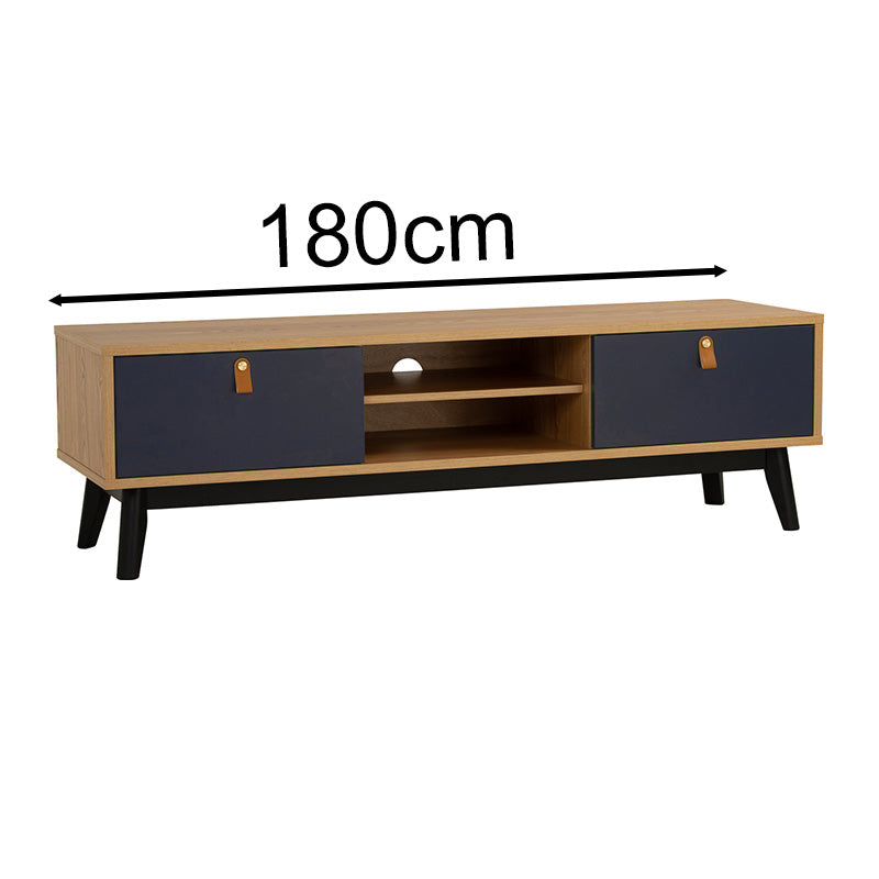 CASTOR 180cm Entertainment TV Stand with Storage - Natural Wood, Navy Blue & Black Finish - Perfect for Living Room, Bedroom & Home Theater Setup