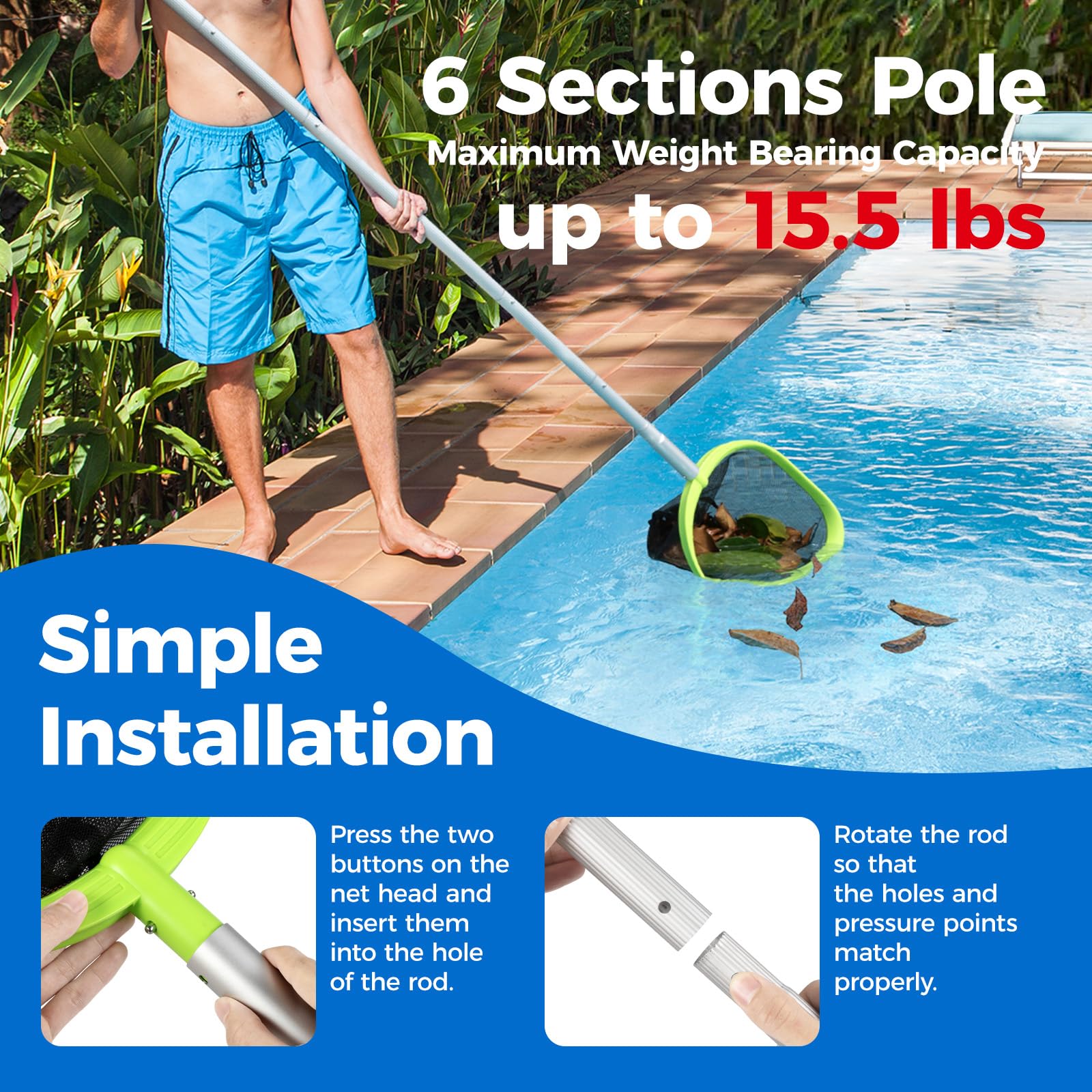 Upgraded 6-Foot Pool Skimmer Net with Telescopic Aluminum Pole - Fast Cleaning for Swimming Pools, Hot Tubs, Spas & Ponds - Durable Pool Cleaner Accessories (Perfect for Backyard Maintenance & Quick Debris Removal)