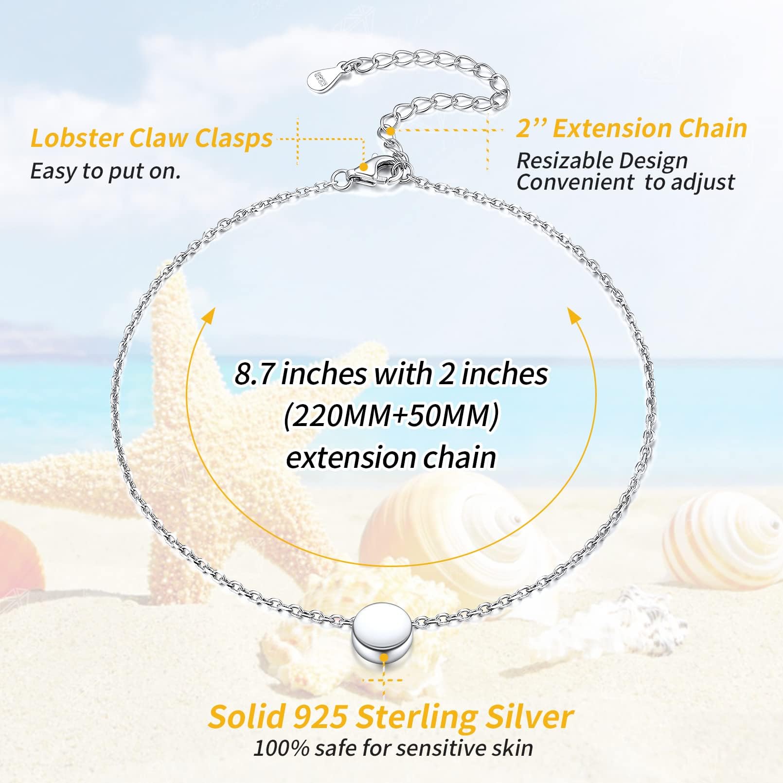 Personalized 925 Sterling Silver Tiny Heart Moon Star Sun Dot Triangle Anklets - Dainty Foot Jewelry for Women in Silver Gold Rose Gold (with Gift Box) - Perfect for Everyday Wear, Gifts & Special Occasions