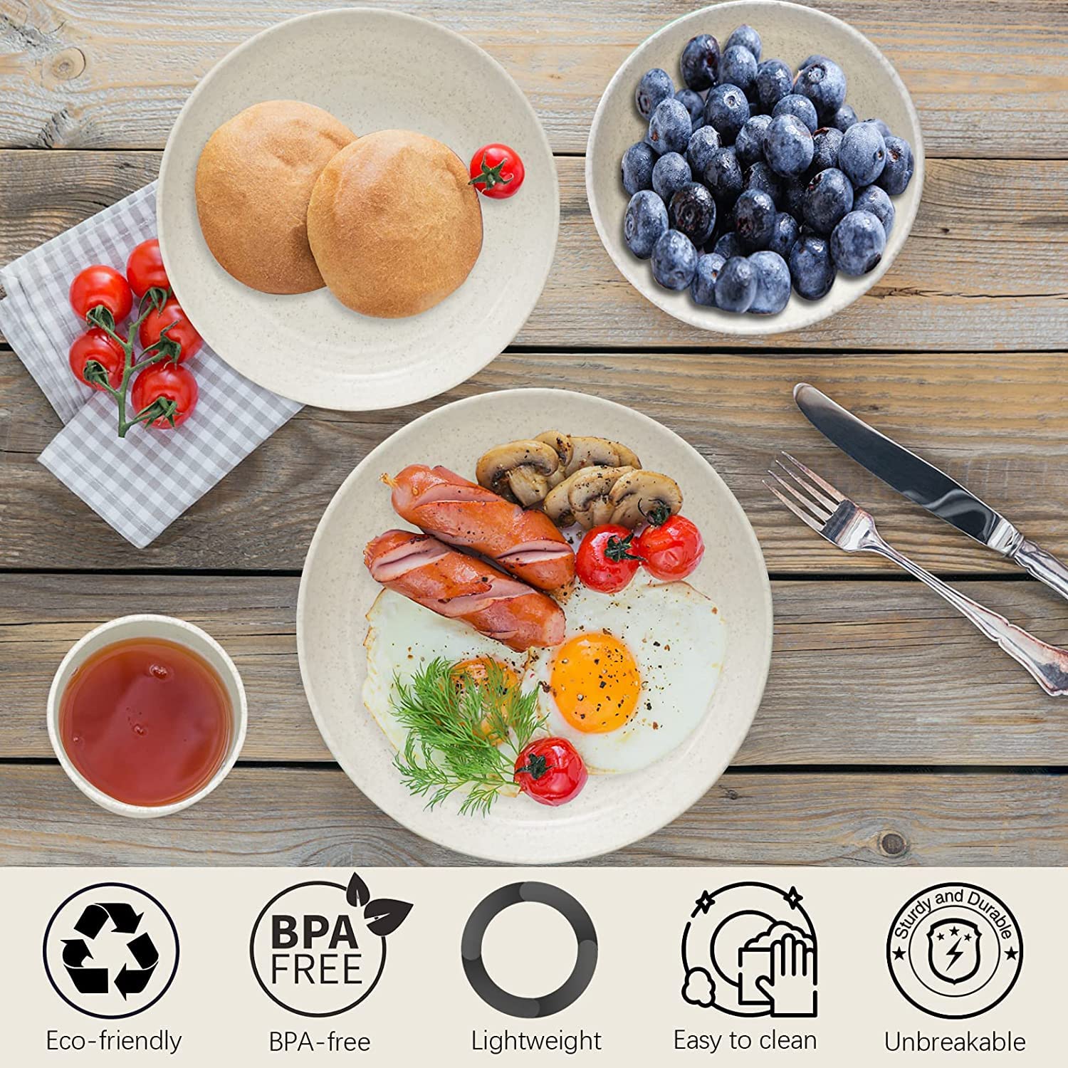 Eco-Friendly Wheat Straw Dinnerware Set for 6 - 24PCS Lightweight Unbreakable Plates, Bowls & Cups | Microwave & Dishwasher Safe | Perfect for Camping, RV, Picnic, Kitchen | Ideal for Kids & Adults | Durable Outdoor & Indoor Dining Solution