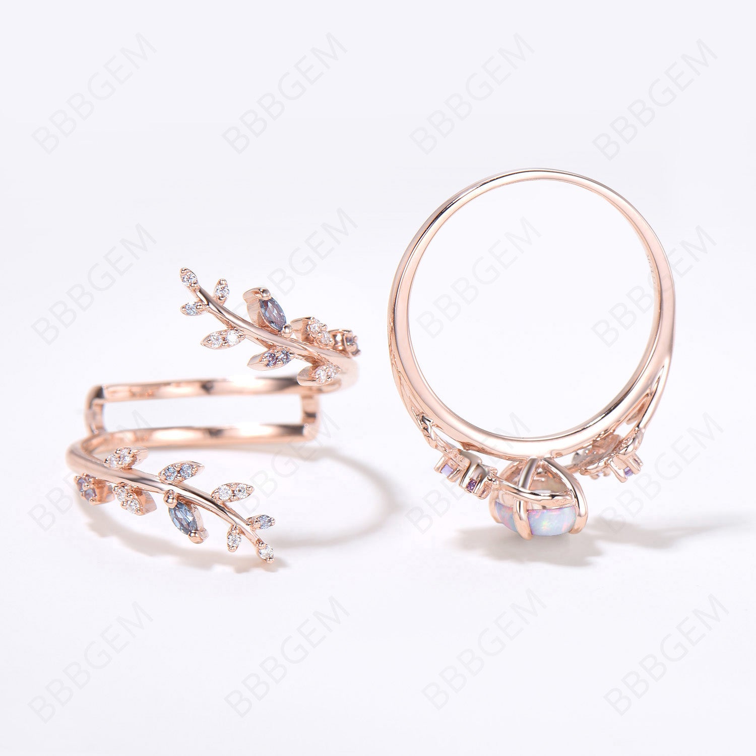 Oval White Opal Engagement Ring with Rose Gold Band - Nature Inspired Leaf Design Bridal Set, Alexandrite Accent Ring & Wedding Enhancer Guard - Perfect for Proposals, Anniversaries & Boho Chic Bridal Jewelry