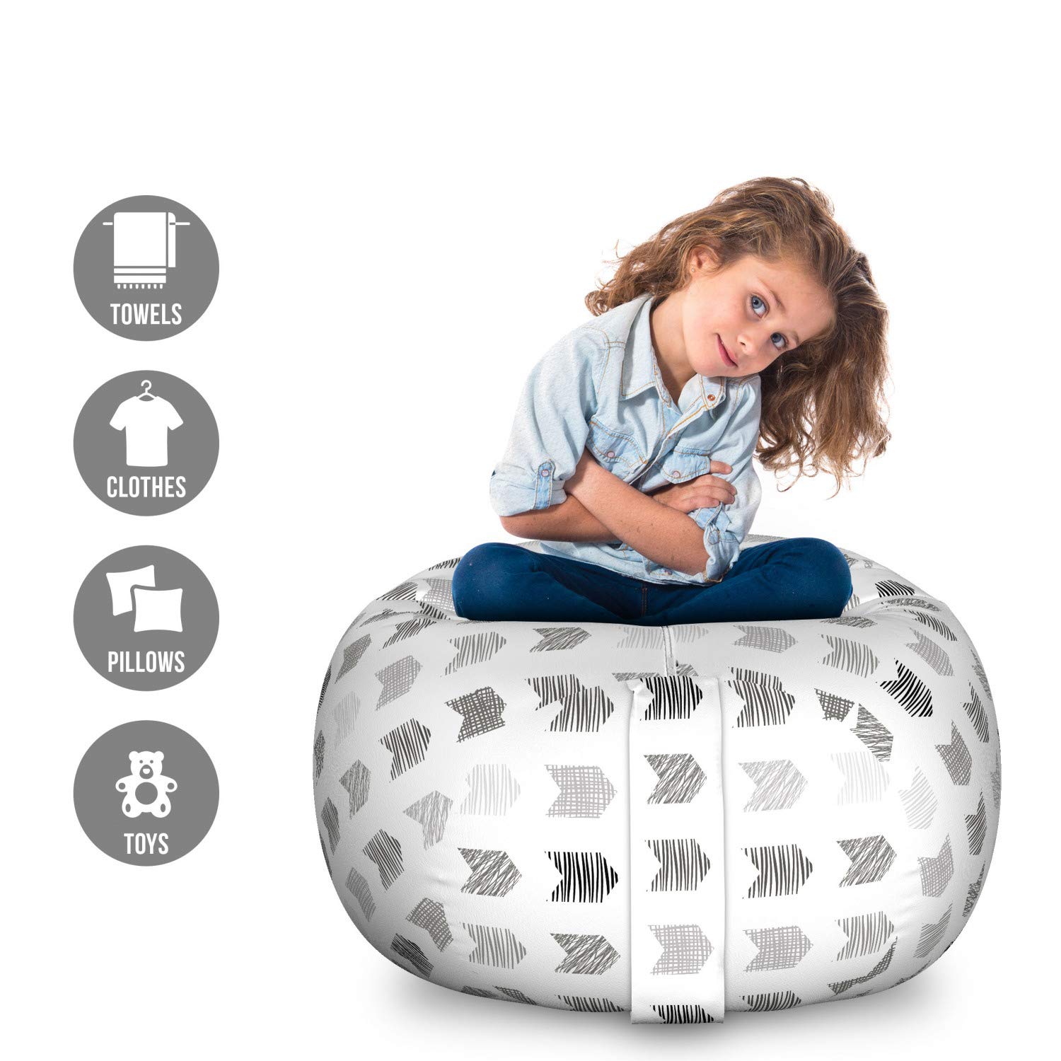 Ambesonne Neutral Storage Toy Bag Chair - Large Washable Stuffed Animal Organizer with Pencil Sketch Rectangular Graphic Design in Charcoal Grey | Perfect for Kids' Room, Playroom & Nursery Organization