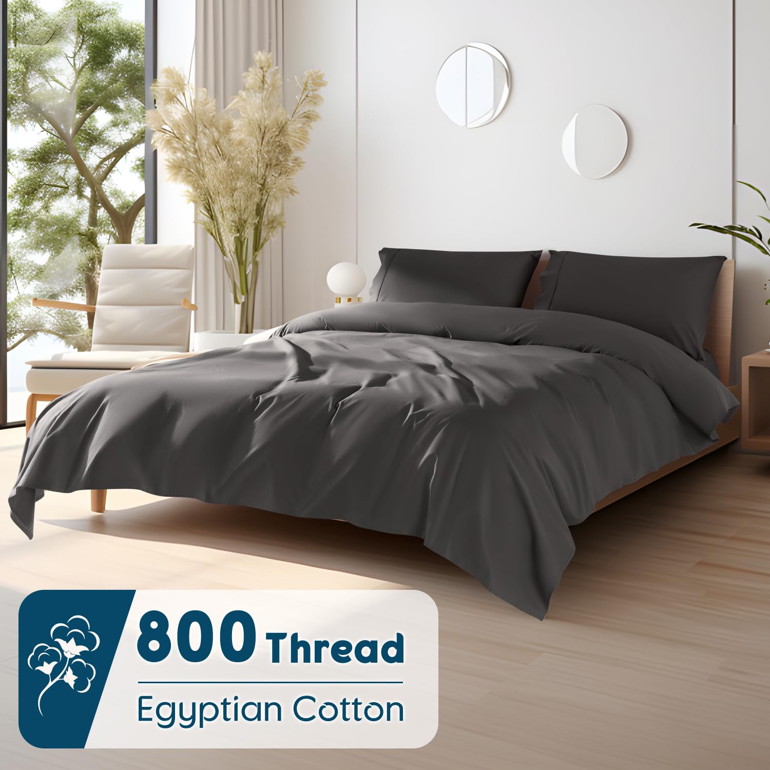 SONORO KATE 100% Egyptian Cotton Sheets Set - 800 Thread Count Luxury Hotel Sateen Weave, Cooling & Breathable Bedding - King Size, Dark Grey (4 PC) for Deep Pocket Mattress Up to 16