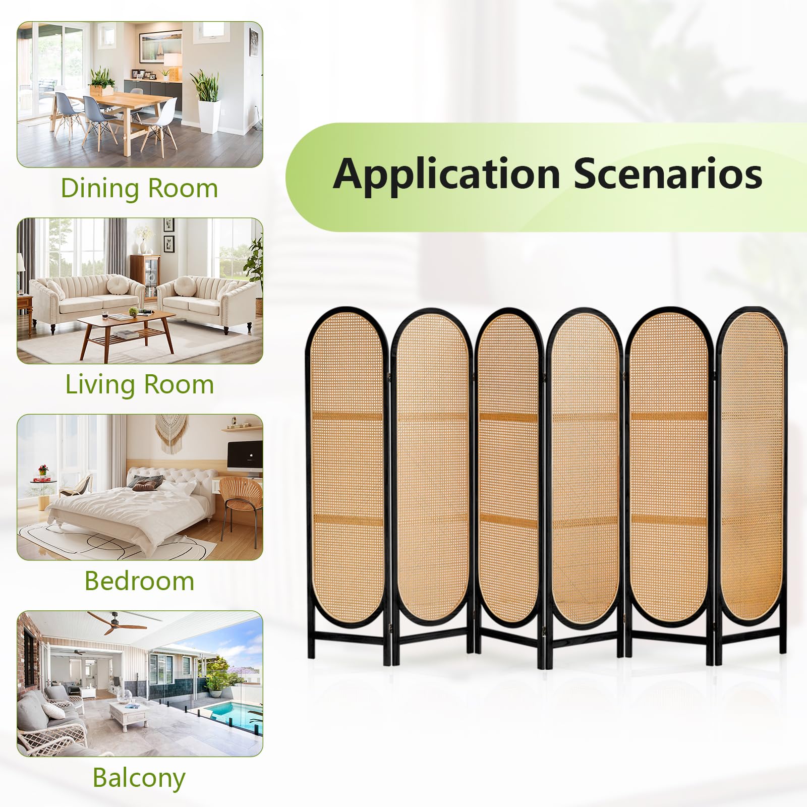 6 Panels Hand-Woven Rattan Room Divider - Freestanding Folding Privacy Screen for Home Office & Bedroom - Wooden Partition Wall for Indoor Space Separation - Black