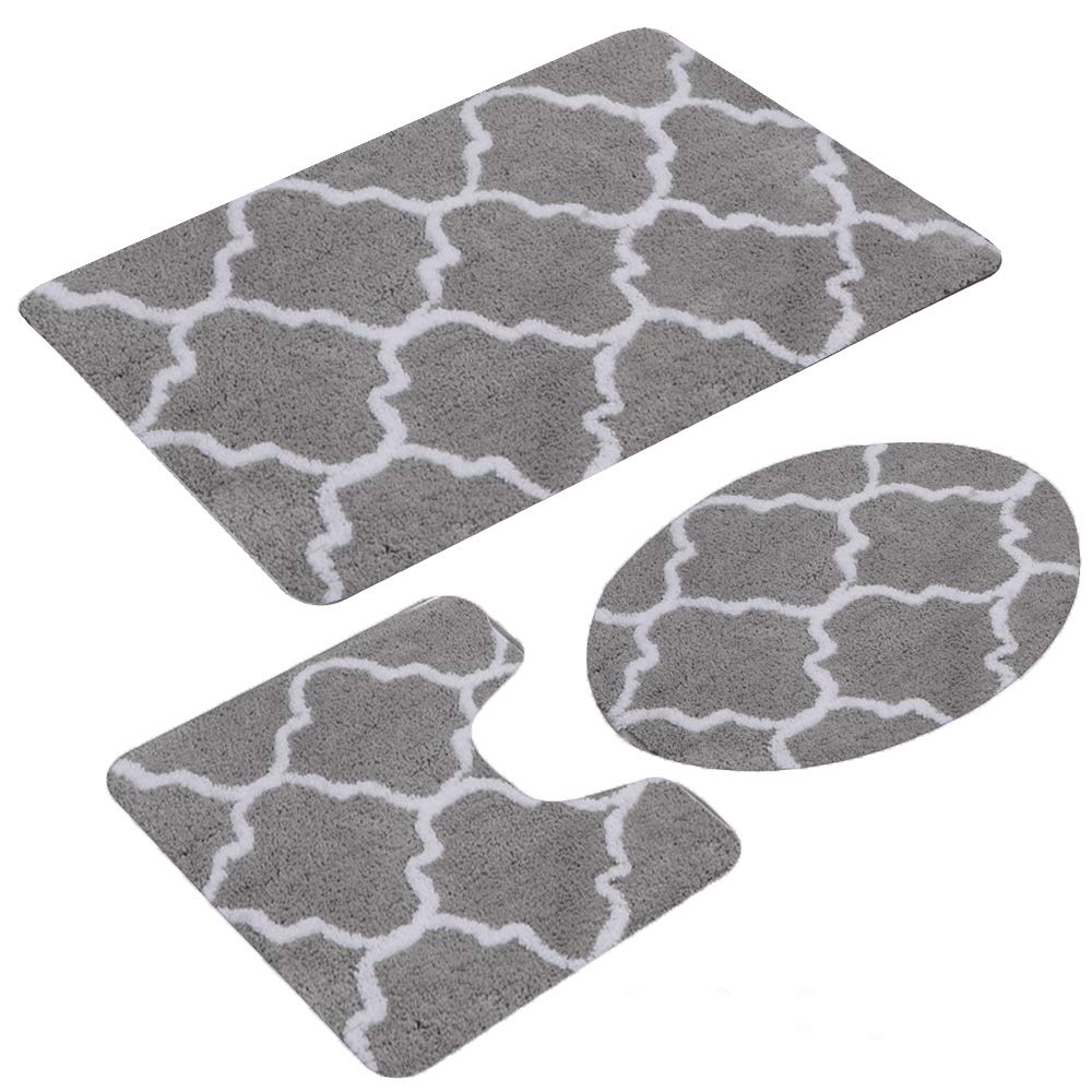 Premium 3-Piece Non-Slip Bathroom Rug Set - Ultra Soft Shower & Toilet Floor Mats - Water Absorbent Bath Mats for Bathroom, Living Room & Home Decor (Grey & White) - Perfect for Wet Floors, Modern Bathrooms & Cozy Home Spaces