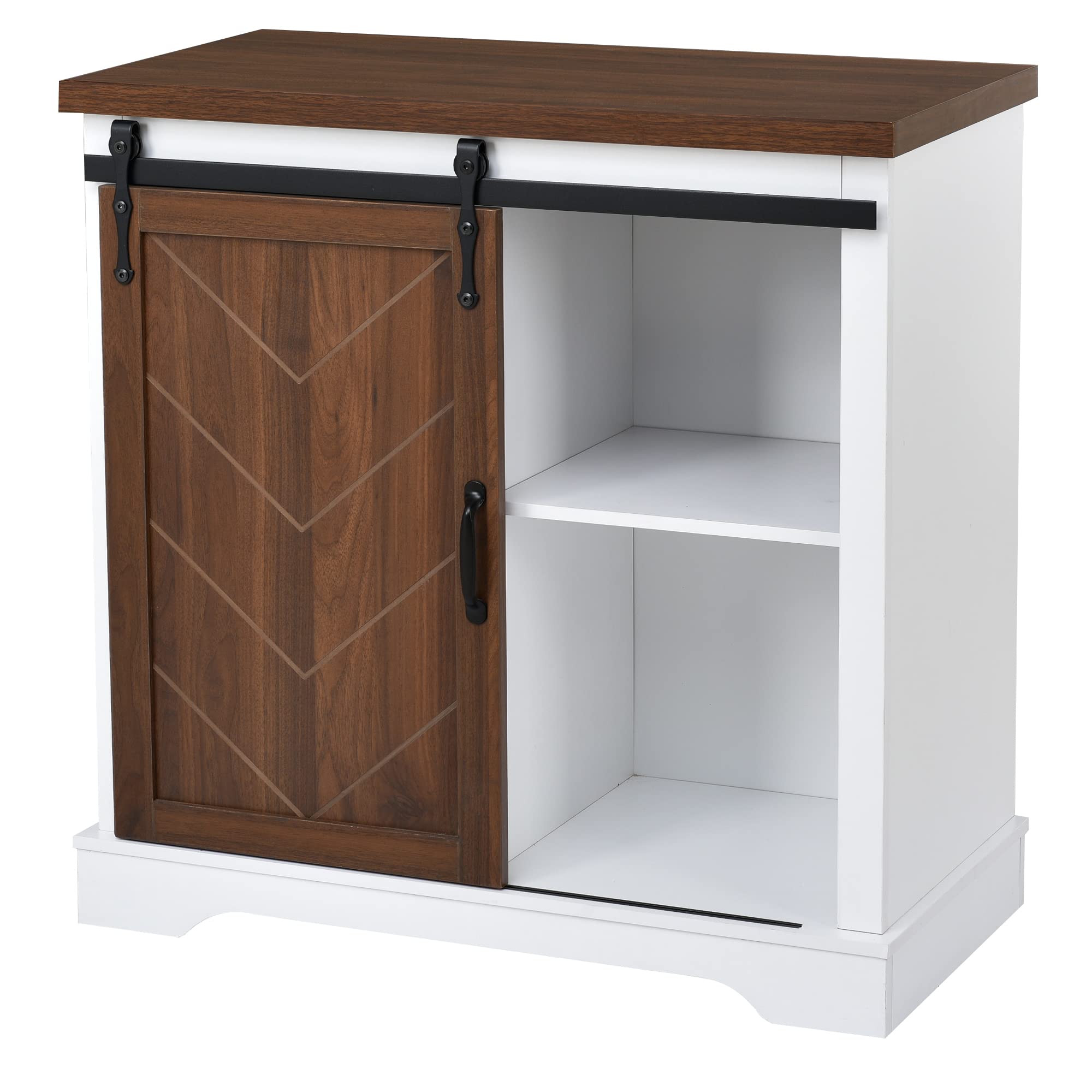 White and Brown Freestanding Bathroom Storage Cabinet with Sliding Barn Door - Thick Top & Adjustable Shelf - Perfect for Bathroom Organization, Bedroom Decor, or Entryway Storage