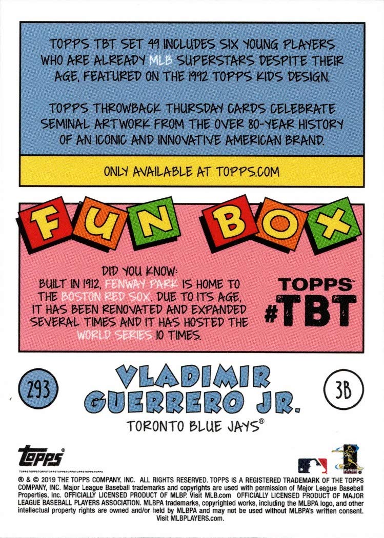 2019 Topps Throwback Thursday (TBT) Baseball #293 Vladimir Guerrero Jr. Rookie Card - Limited Edition of 347 - MLB Collectible for Sports Fans & Card Investors - Perfect for Display, Trading, and Portfolio Growth