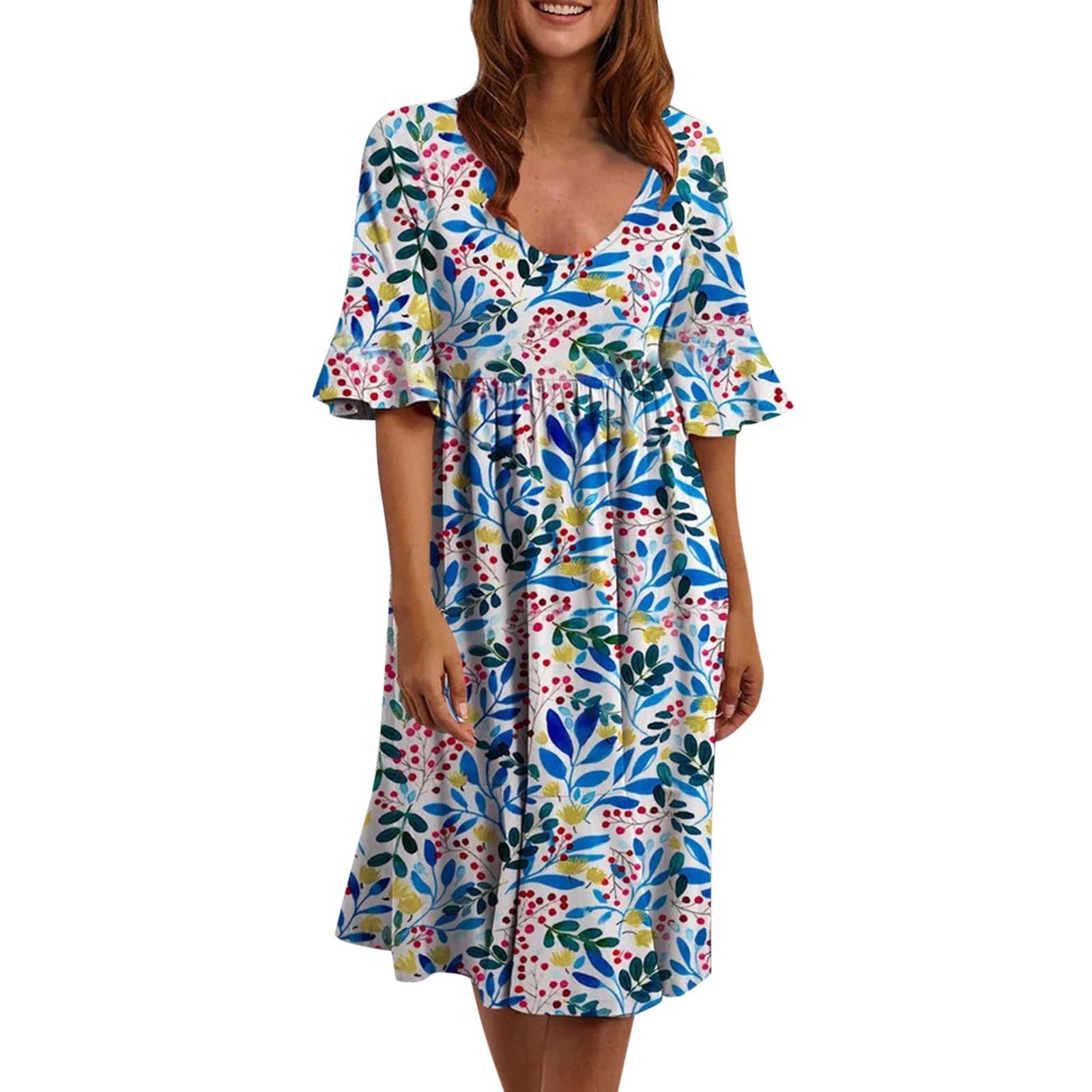 Women's Casual Summer Dress - Loose Pleated Midi Dress with Pockets, Short Sleeve Comfortable A-Line Dress for Daily Wear, Office, Beach & Vacation Outfits