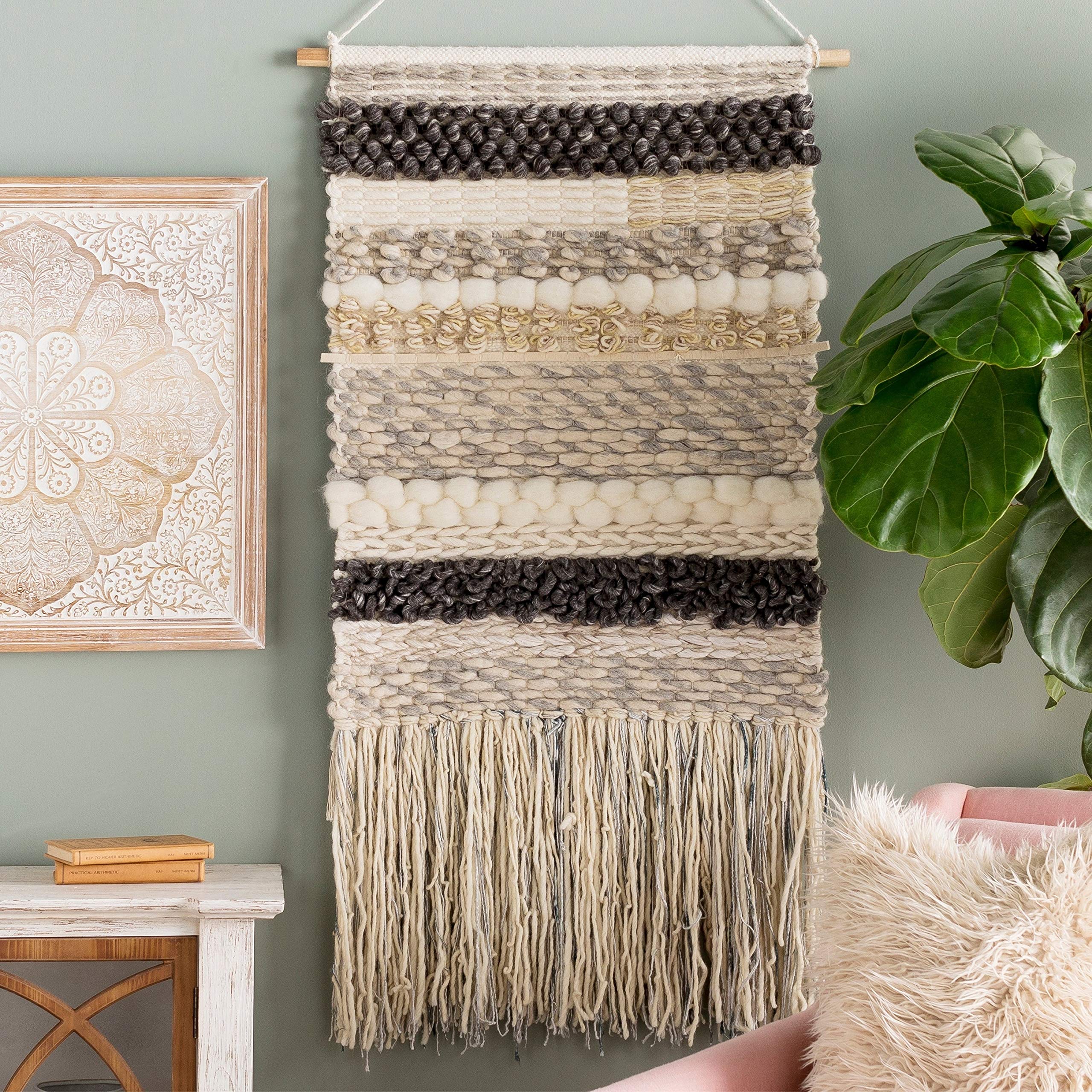 Hand Woven Bohemian Tapestry - 24x48 Inch Cream Grey Wool & Viscose Wall Hanging with Rod - Global Eclectic Textured Decor for Living Room, Bedroom & Dorm