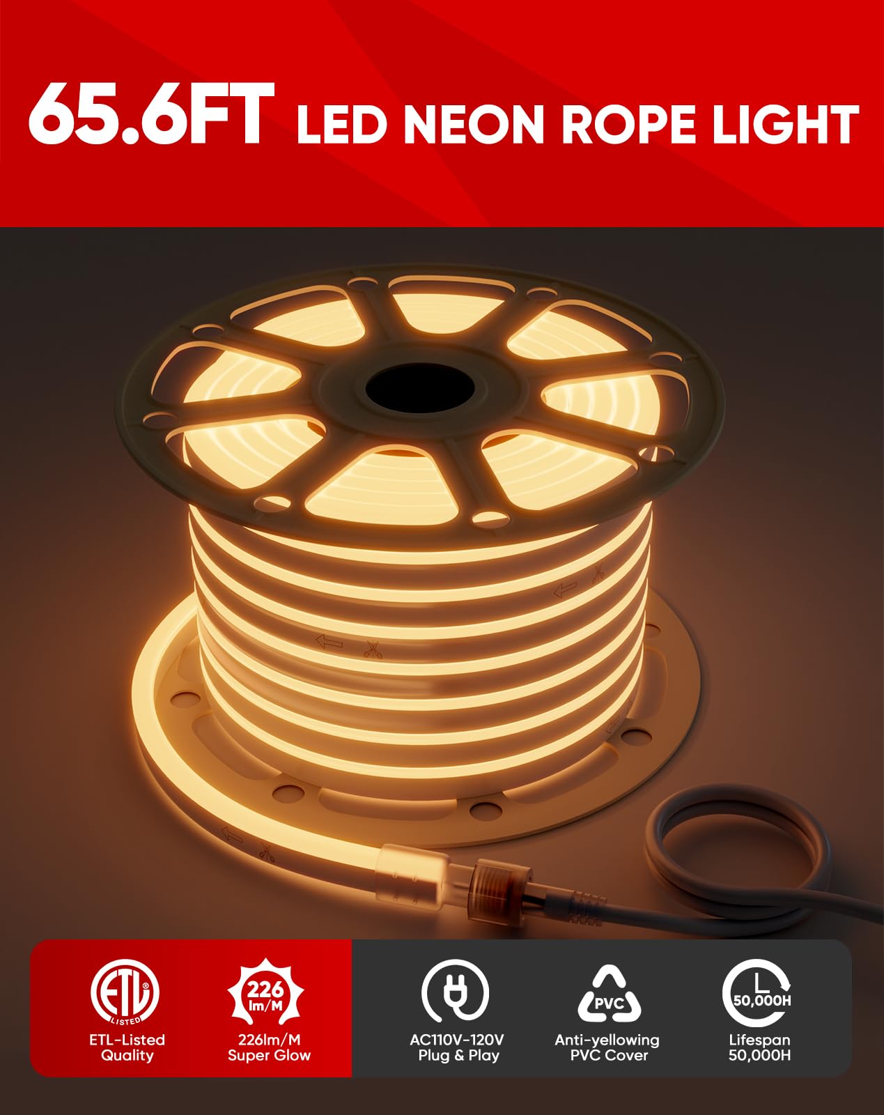Shine Decor LED Neon Rope Lights 65.6ft - 120V AC Expandable & Cuttable Strip Lighting with 120LEDs/M, ETL Certified Cold-Resistant & IP65 Waterproof for Indoor/Outdoor Use - 8x16mm 2500K Warm White - Perfect for Bedroom, Party, Wedding, Bar, and Holiday Decorations
