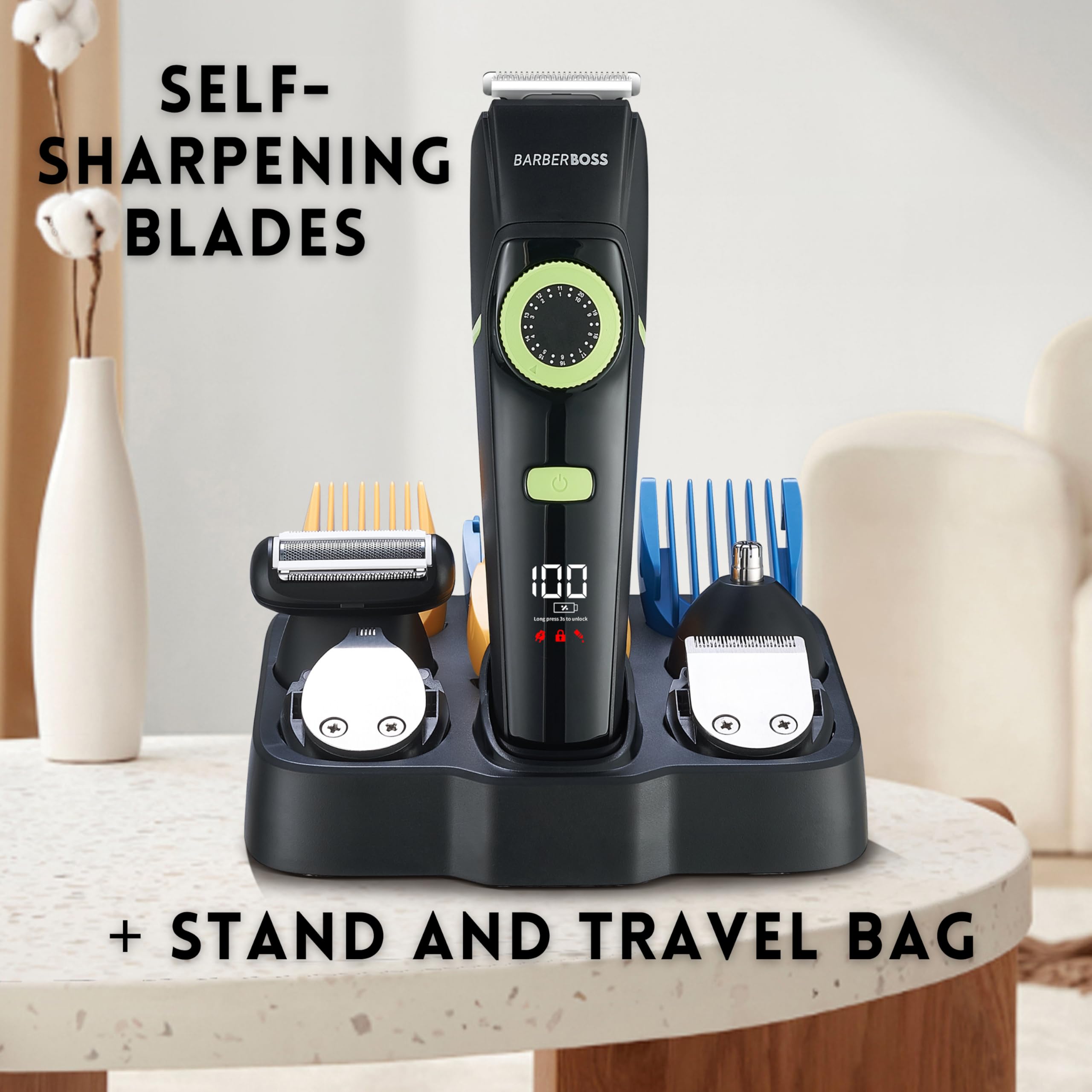 Professional BarberBoss Beard Trimmer for Men - Waterproof Hair Clipper & Nose Trimmer Set with Grooming Kit | Perfect for Home Beard Care, Travel Grooming & Salon-Quality Styling (Model QR-6090)