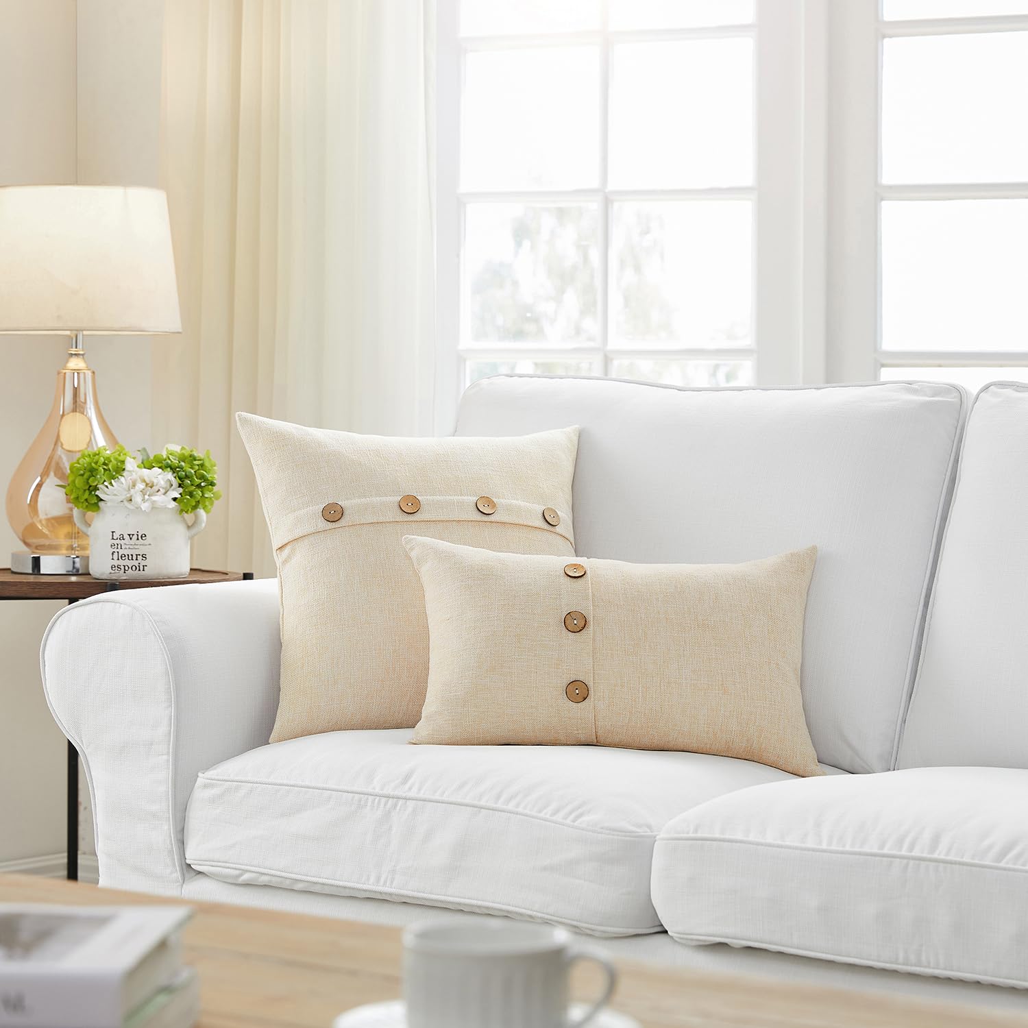 Meekio Set of 2 Light Beige 18x18 Inch Square Farmhouse Pillow Covers with Coconut Buttons - Decorative Couch Cushion Covers for Living Room, Bedroom & Sofa - Cozy Home Decor Accent Pieces