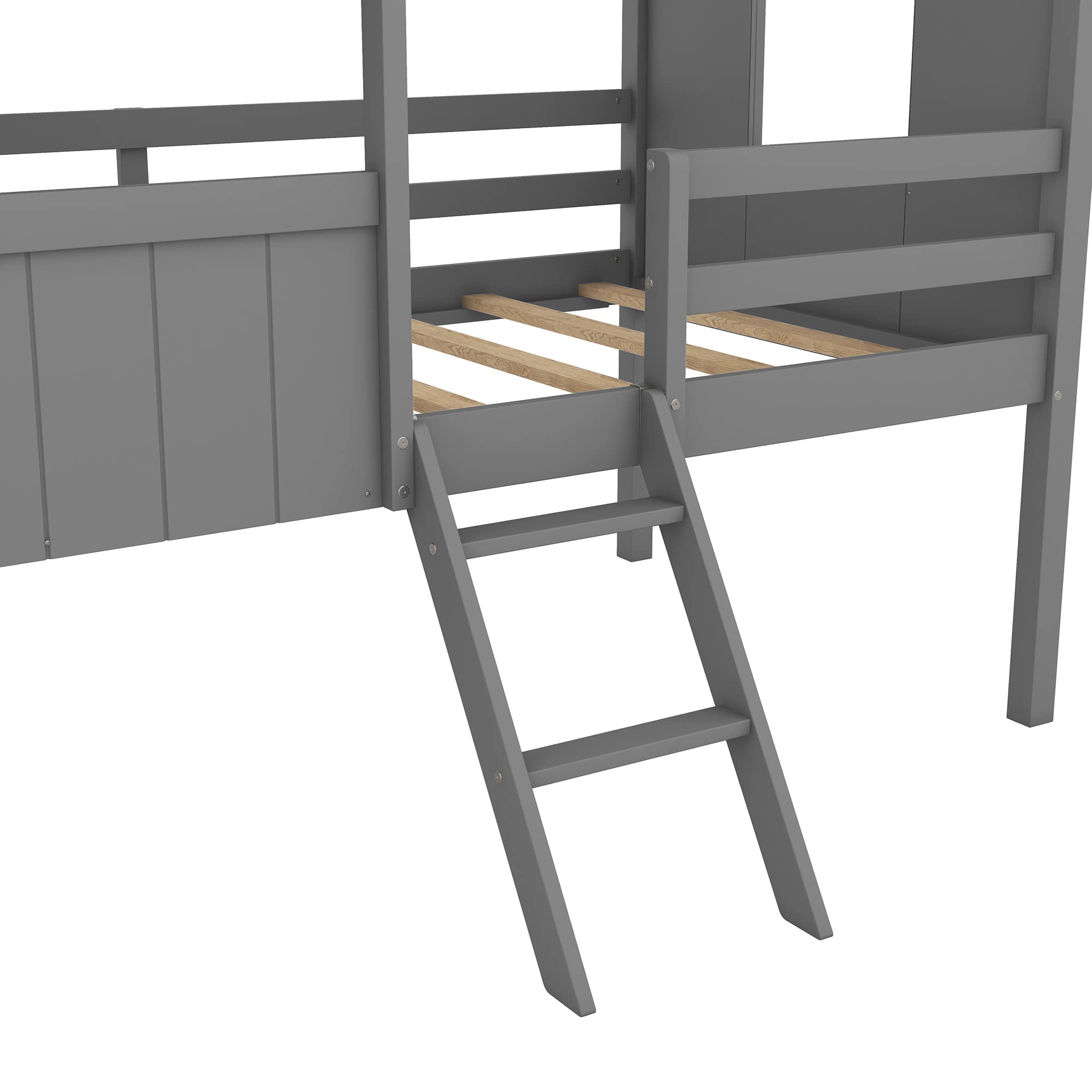 Twin House Bed for Kids - Wooden Low Loft Bed Frame with Windows & Roof - Easy Assembly - Gray & Brown - Perfect for Small Bedrooms & Playrooms - Ideal for Boys & Girls Bedroom Decor