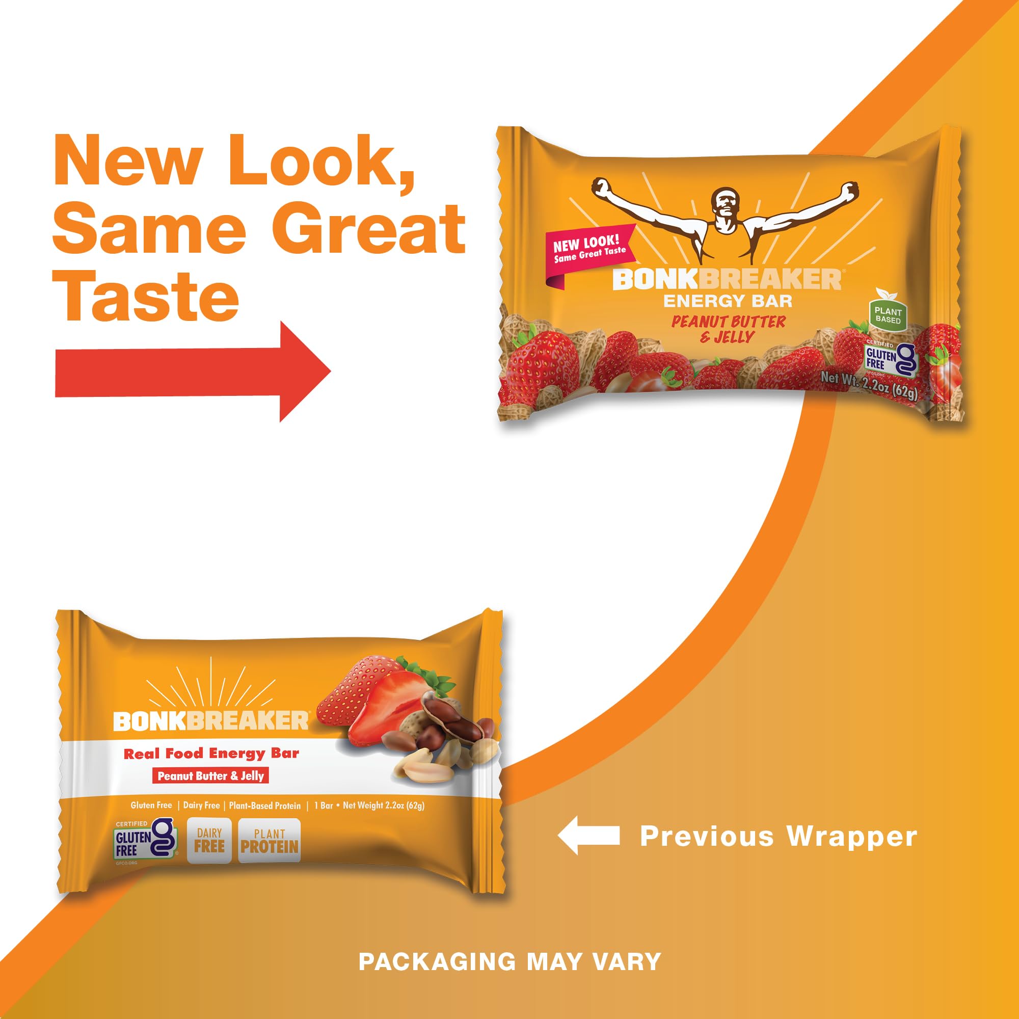 Bonk Breaker Gluten-Free Protein Energy Bar - Peanut Butter & Jelly Flavor, 8g Protein, 62g (12 Pack) | Healthy Snack for Hiking, Cycling & Post-Workout Recovery
