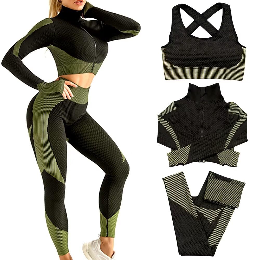 Women's 3-Piece Seamless Workout Set - Yoga Sports Bra, High-Waisted Leggings & Tracksuit for Gym, Running & Fitness Training | Comfortable Stretch Activewear for Women