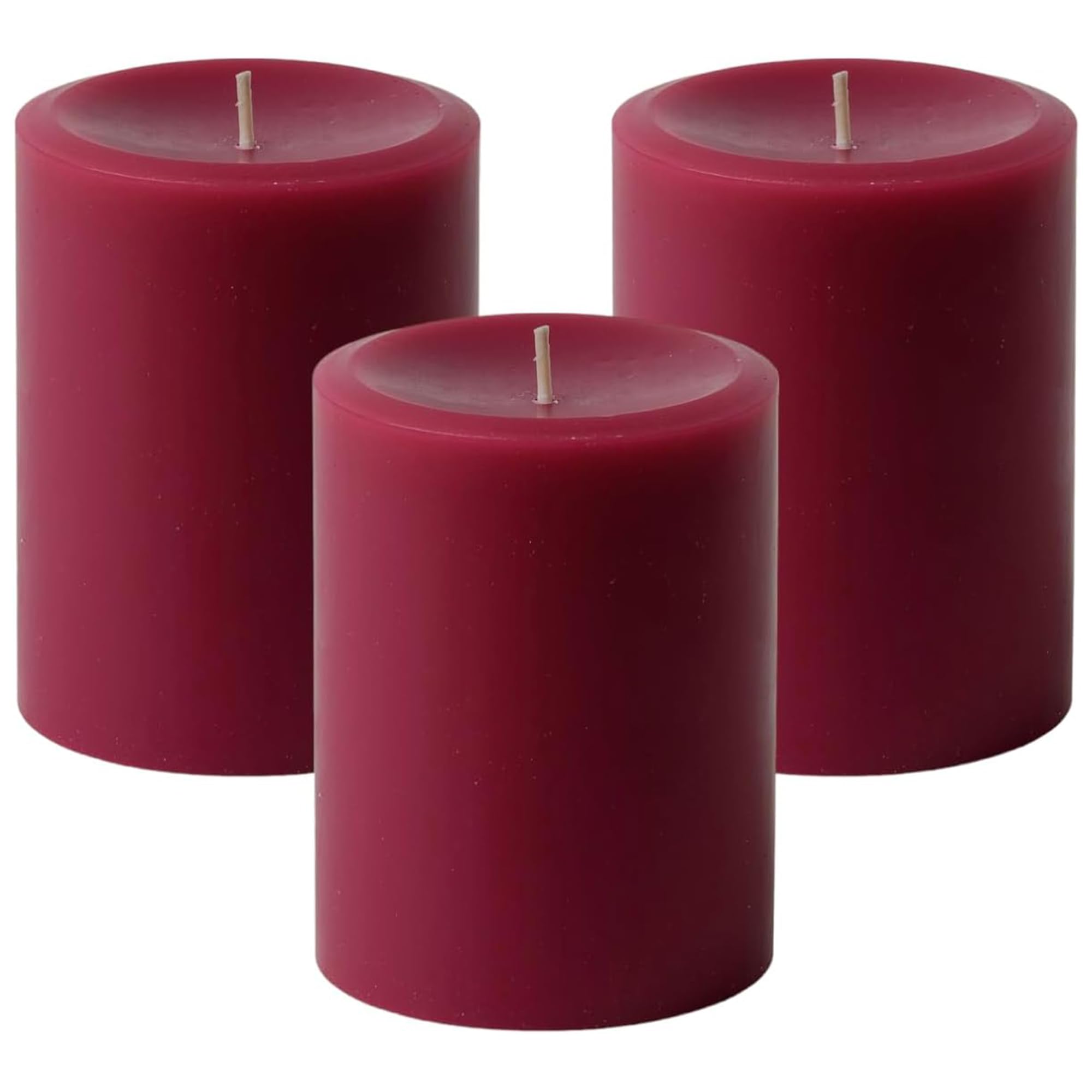 Premium Unscented Pillar Candles Set of 3 - Dripless Hand-Poured Burgundy Candles for Home Decor, 60-Hour Burn Time, 3x4 Inch - Perfect for Weddings, Romantic Dinners & Cozy Ambiance