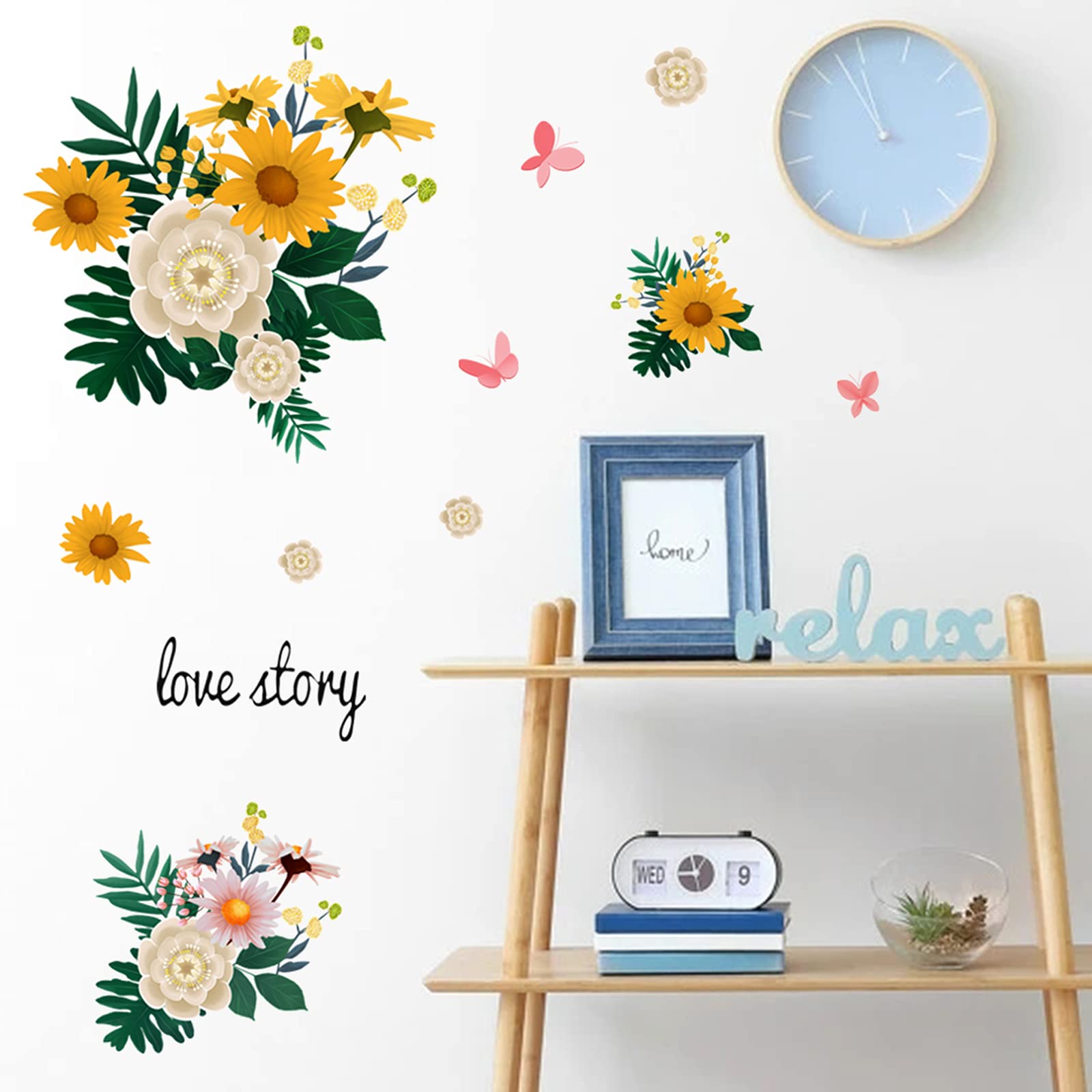 Yellow Daisy Floral Wall Decals with Butterflies & Green Leaves - Removable DIY Wall Stickers for Home Decor | Perfect for Bedroom, Nursery & TV Wall Art | Easy Peel-and-Stick Wallpaper Alternative