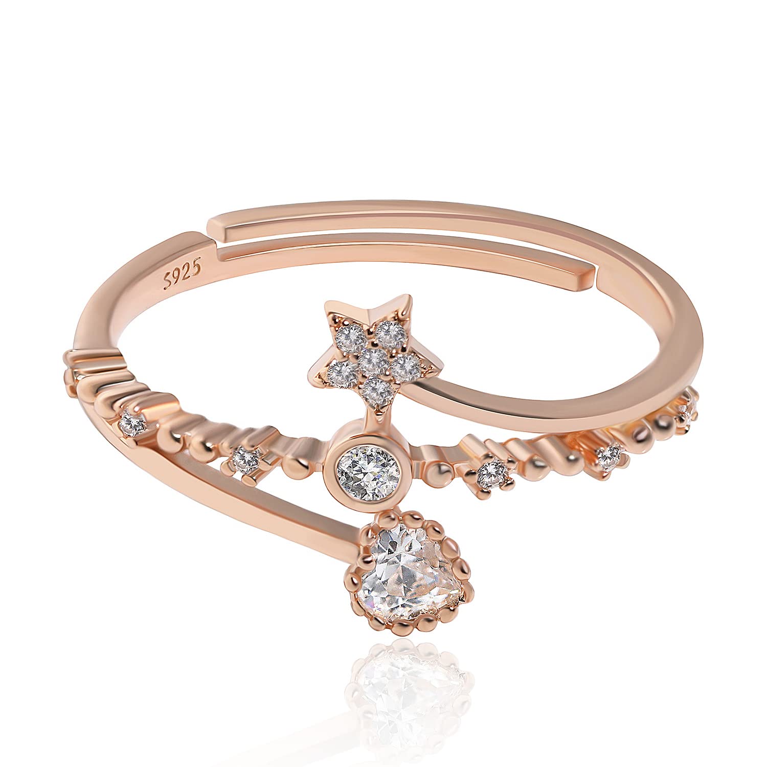 Meissa Sterling Silver Rings for Women - Heart & Star Stackable Rings, Minimalist Gold & Diamond Jewelry, Adjustable Size (Rose Gold) - Perfect for Gifts, Weddings & Everyday Wear