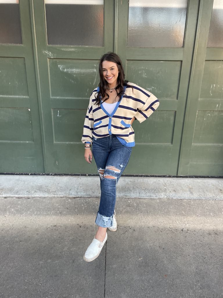 PREORDER: Navy Stripe Contrast Trim Cardigan | Women's Knit Sweater | Perfect for Office Wear & Casual Outfits