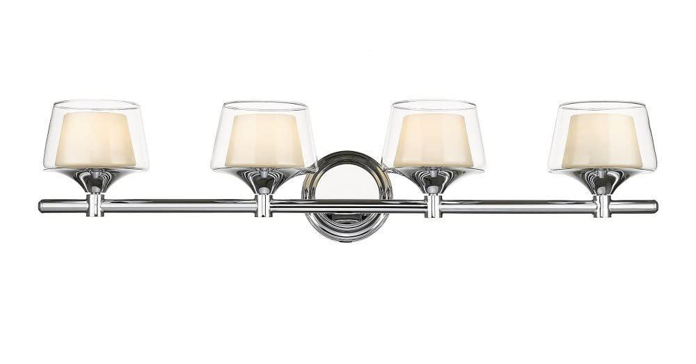 Laguna 33-Inch 4-Light Chrome LED Bathroom Vanity Light with White & Clear Glass Shades – Perfect for Bathroom, Powder Room, and Dressing Room Lighting
