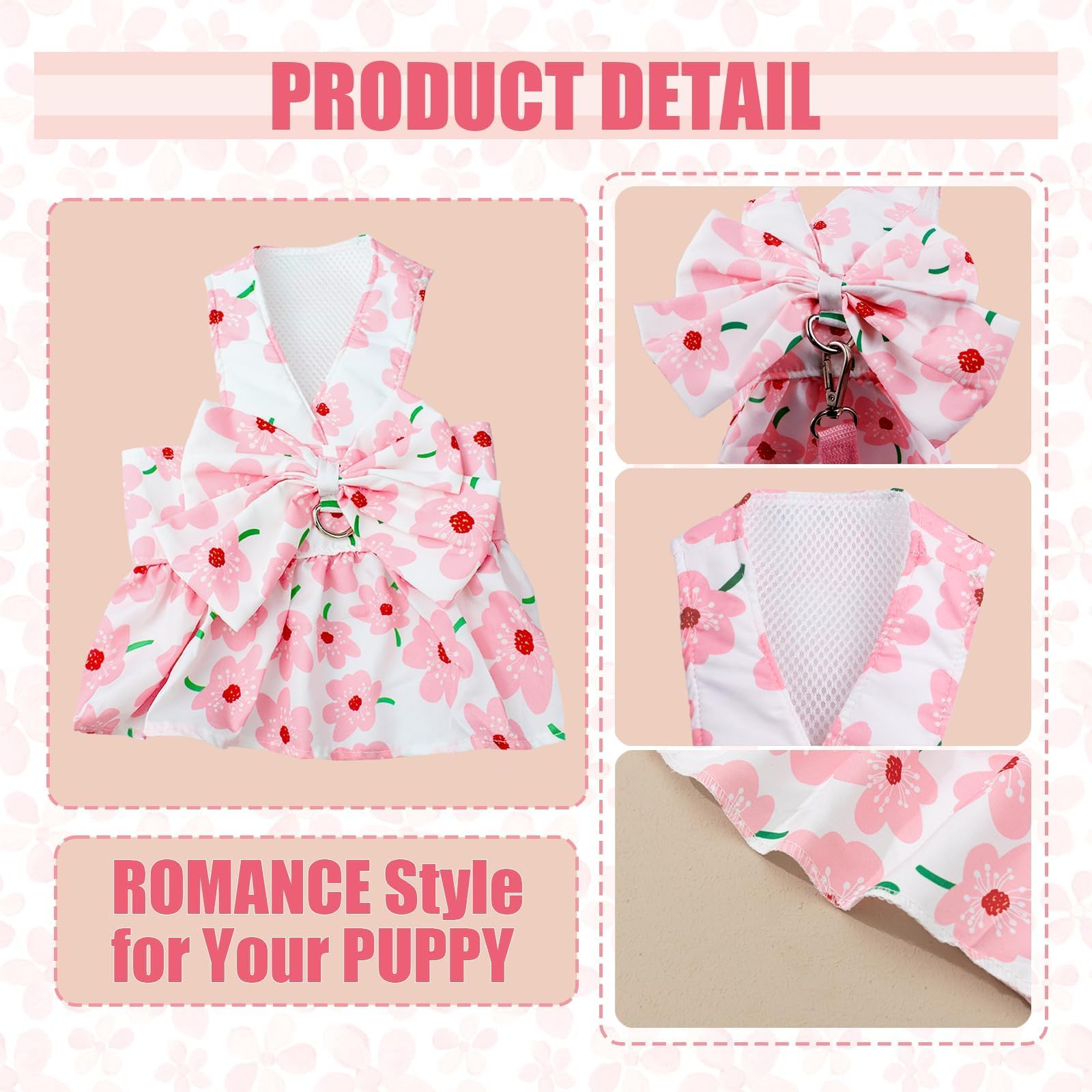 Pink Floral Dog Dress with Bowknot Harness & Leash Set - Cute Puppy Outfits for Small Girl Dogs | Breathable Spring Summer Pet Clothes | Perfect for Daily Walks, Pet Parties & Photo Shoots (Medium)