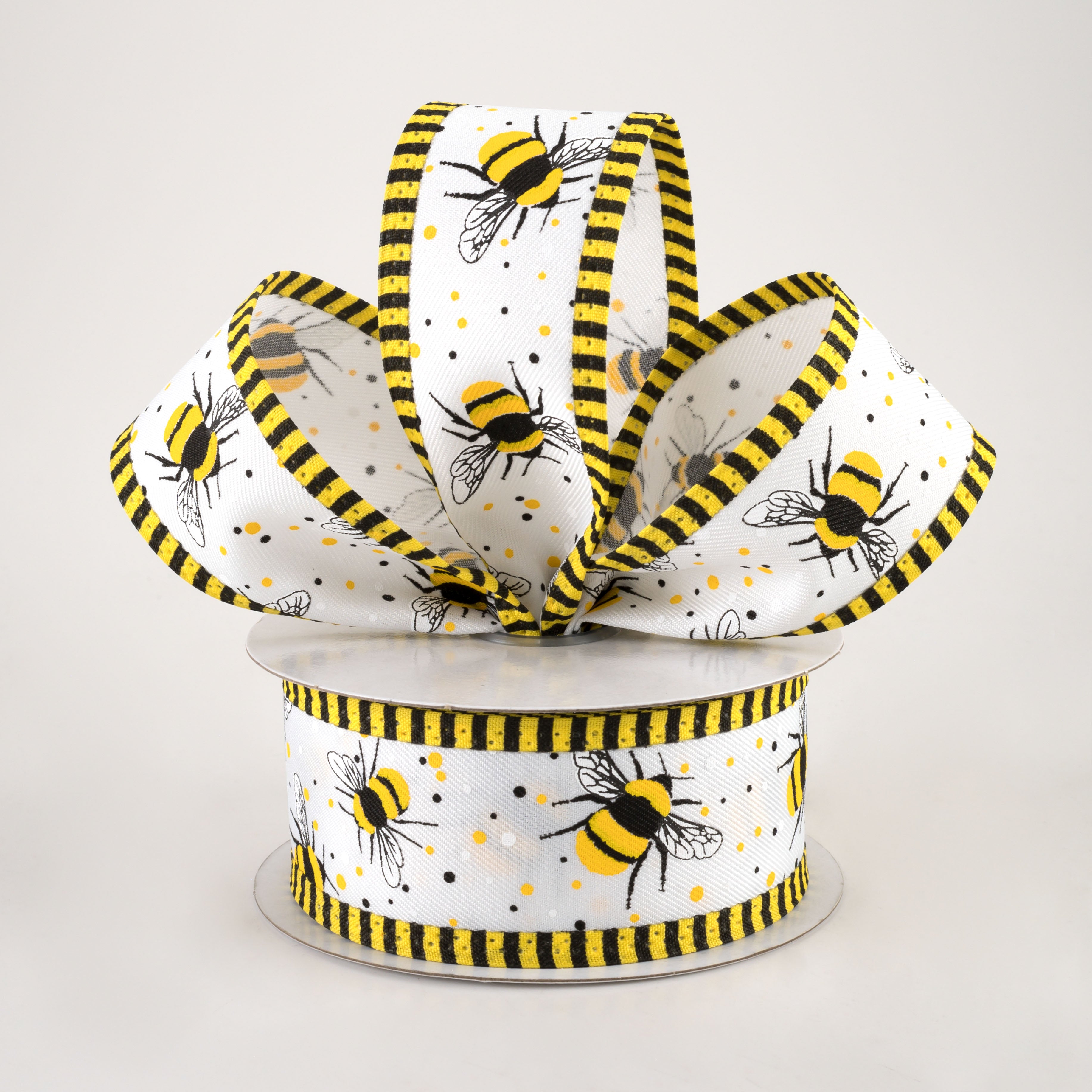 1.5 Inch Bumble Bee Stripe Edge Ribbon - White Craft Ribbon (10 Yards) for Gift Wrapping, DIY Crafts, and Party Decorations
