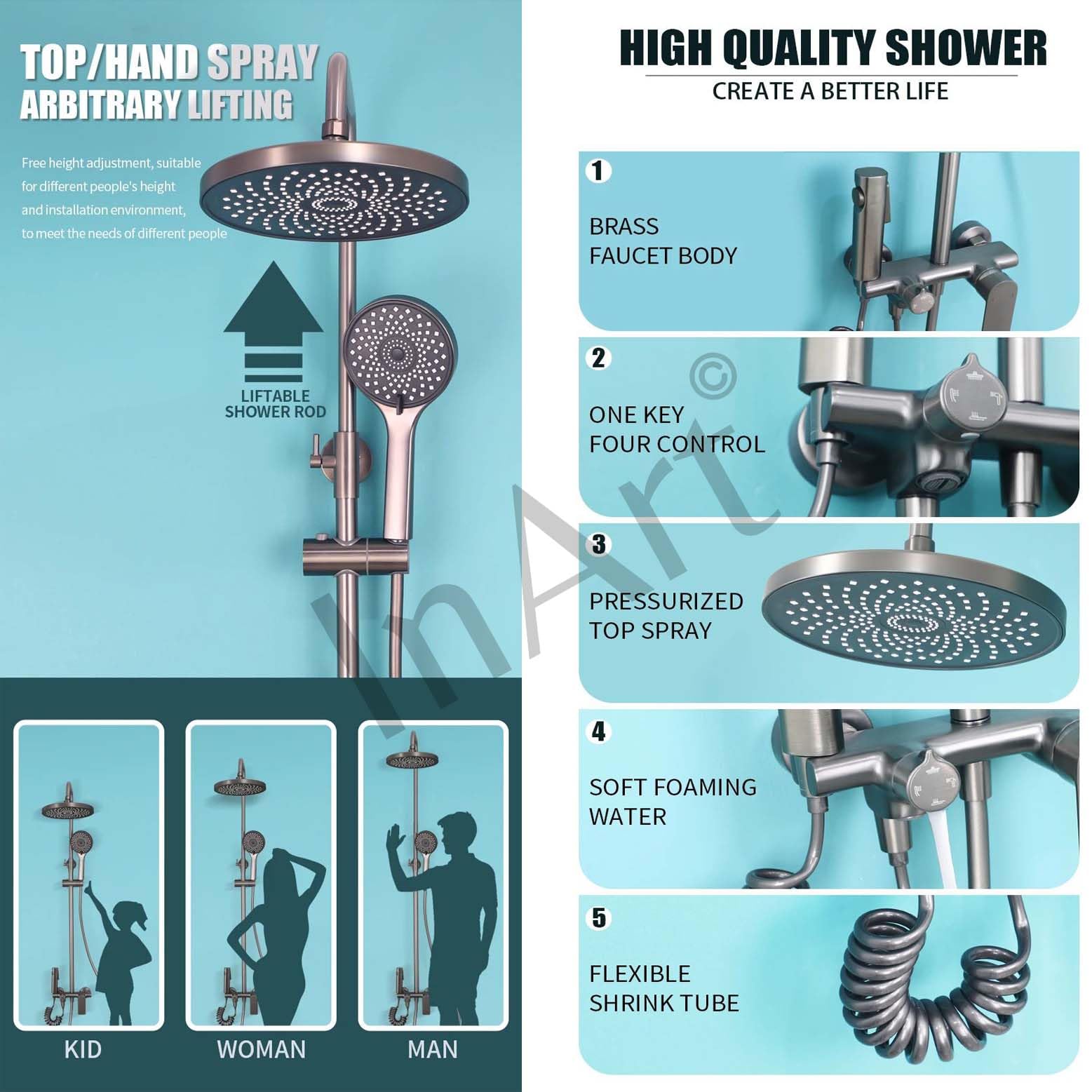 Luxury InArt 3-in-1 Shower Panel System with Single Lever Mixer, Hand Shower & Spout - Gun Grey Bathroom Wall Mounted Shower Set for Modern Home Spa Experience