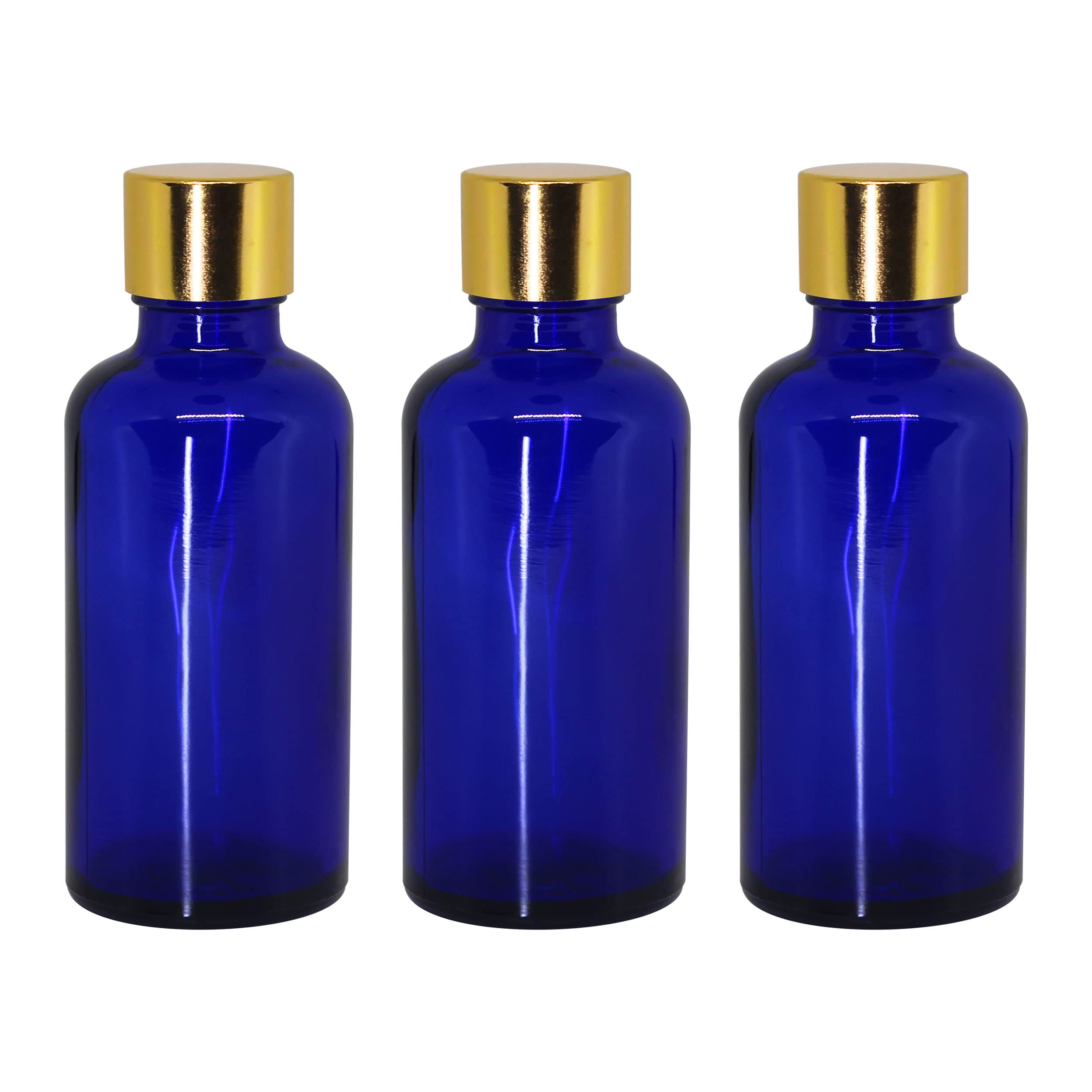 Premium 50ml Cobalt Blue Glass Bottles with Gold Seal Cap & Safety Plug - Leakproof Essential Oil Containers, Perfume Bottles & Facial Oil Storage (Pack of 3) - Perfect for DIY Blends, Aromatherapy & Travel-Sized Skincare