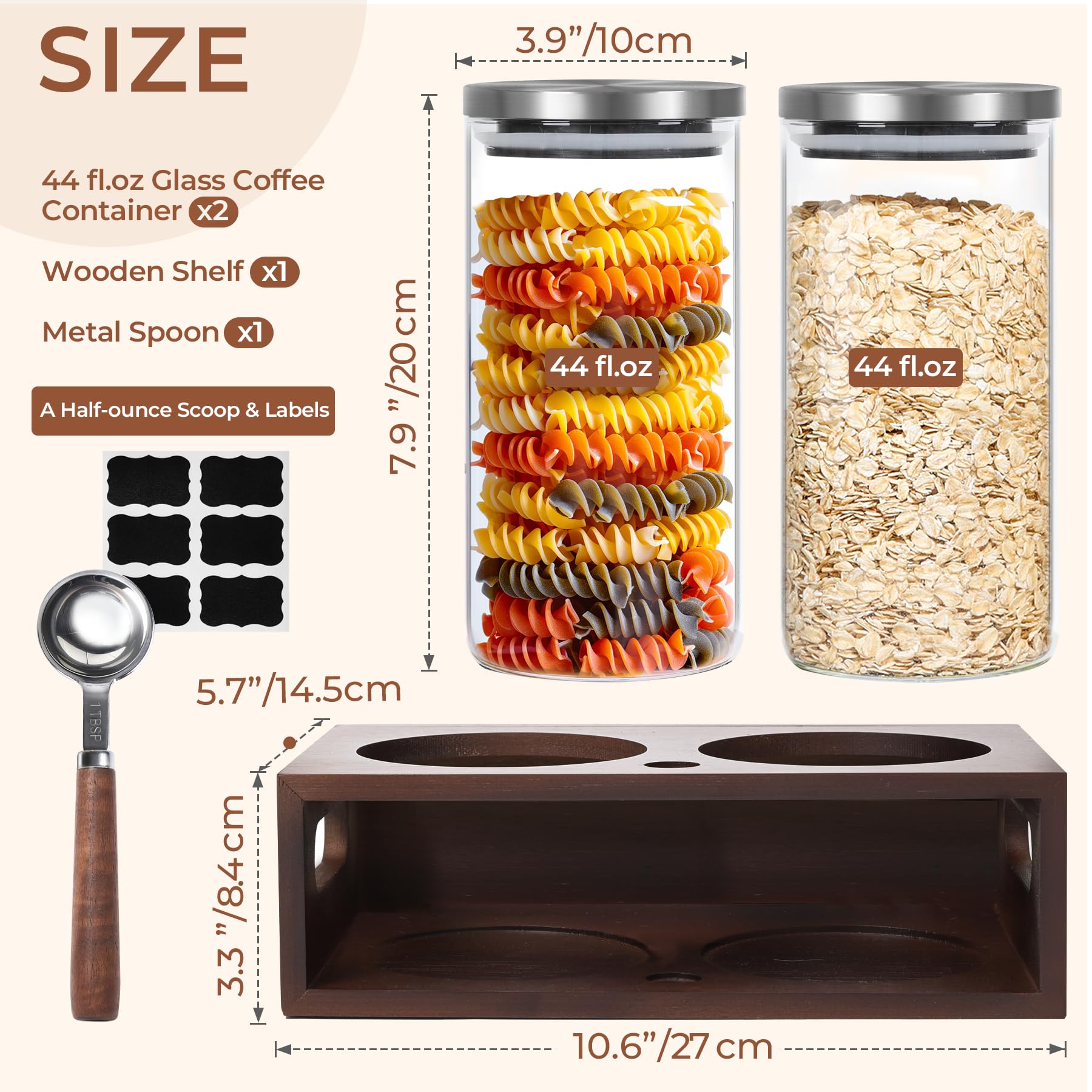 ComSaf 44oz Airtight Coffee Storage Canister with Stainless Steel Lid - 2 Pack Glass Coffee Containers for Ground Coffee & Beans, Includes Metal Scoop & Shelf - Perfect for Coffee Bars, Kitchens & Pantry Organization