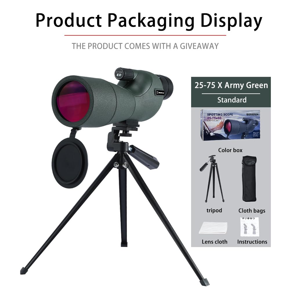 25-75x60 High Power Monocular Telescope with BAK4 Prism & Waterproof Design - Perfect for Bird Watching, Wildlife Observation, Hiking & Outdoor Adventures - Includes Tripod & Phone Adapter for Photography