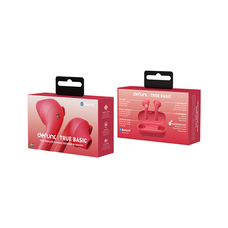 Defunc True Basic True Wireless Earbuds - Red | Bluetooth Headphones with Noise Cancelling for Gym, Running & Travel
