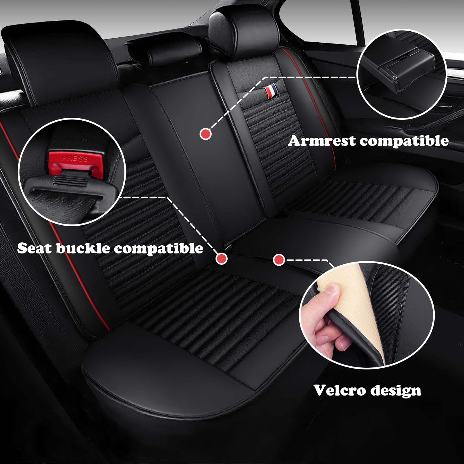 Premium Leather Car Seat Covers for Toyota Camry Hybrid 2007-2024 - Universal Anti-Slip Design Fits Most Cars, Sedans, SUVs & Trucks (Black Red Bars) - Perfect for Daily Commute, Road Trips & Long Drives
