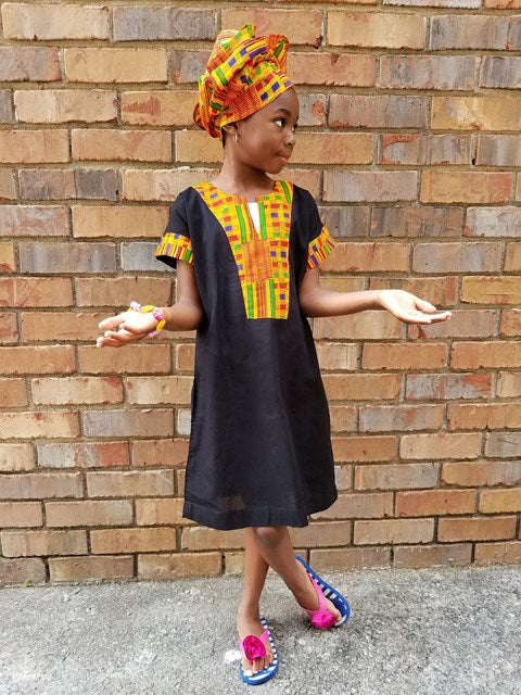 Elegant Black Dress with Authentic Kente Trim - DPC3255 - Perfect for Weddings, Parties & Special Occasions