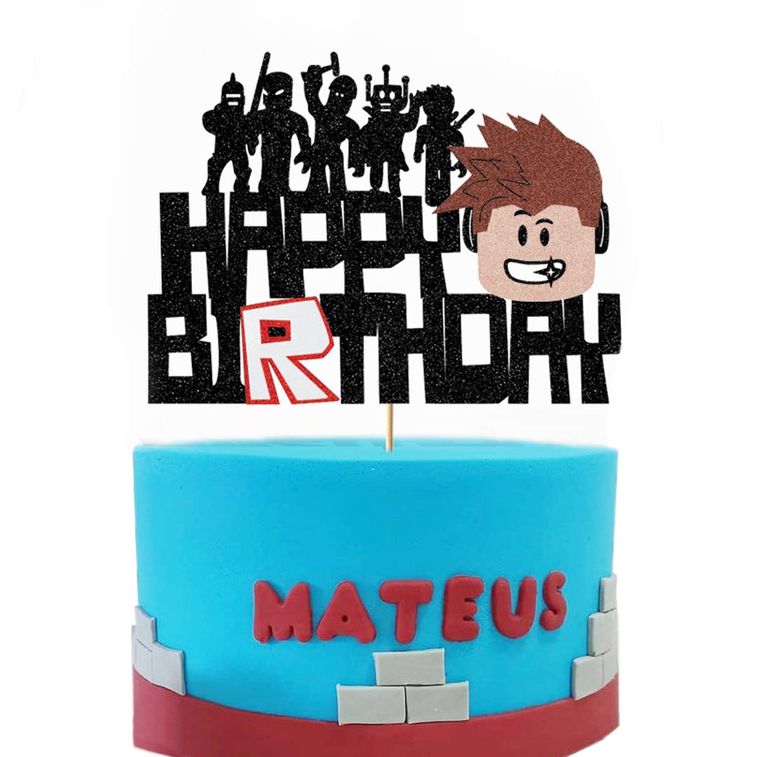 Robot Blocks Theme Cake Topper - Glitter Happy Birthday Cake Decorations for Sandbox Video Game Party | Perfect for Kids Birthday Cakes, Boys Parties & Minecraft-Inspired Celebrations