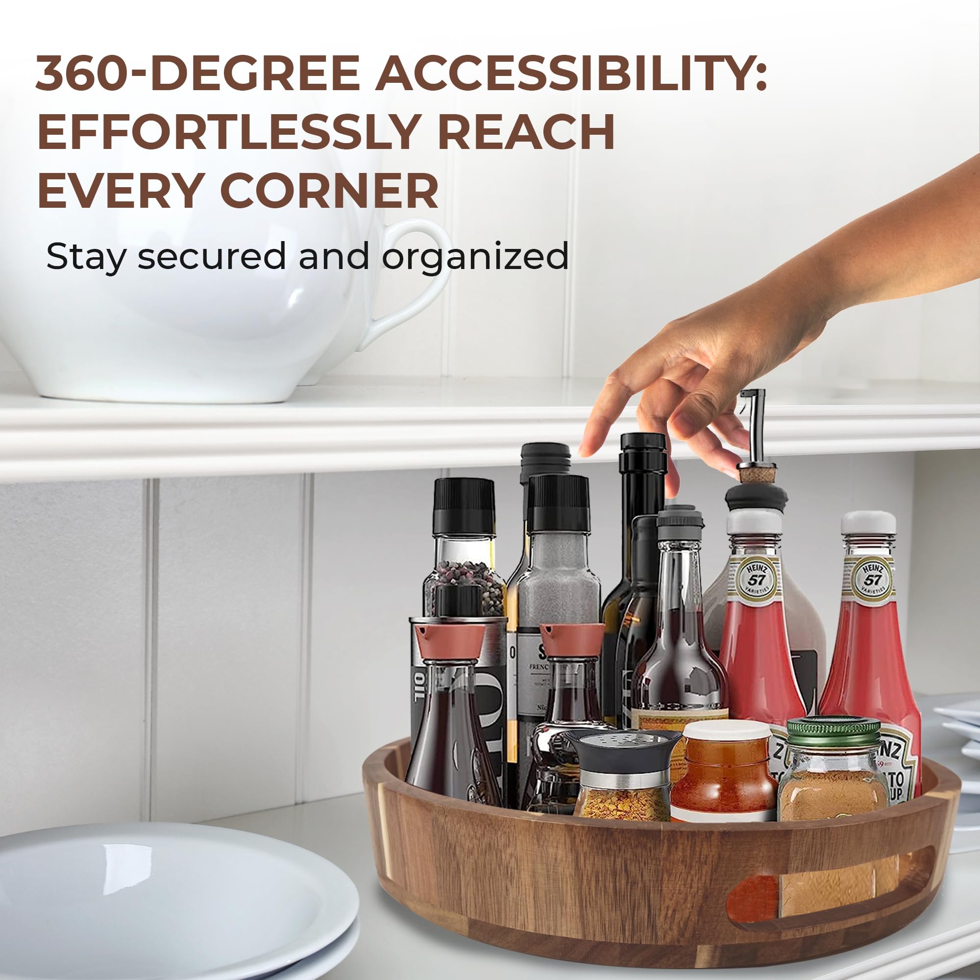 12 Inch Wooden Lazy Susan Turntable Organizer - 100% Acacia Wood Spinning Tray for Kitchen, Dining Table, Countertop & Pantry - Perfect for Spice Storage, Serving Dishes & Cabinet Organization