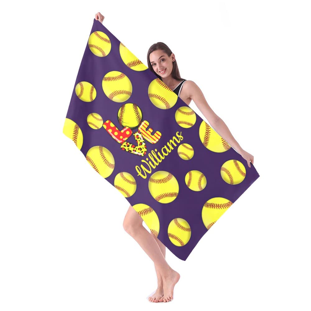 Custom Personalized Beach Towels with Name - Softball Pattern Quick-Dry Absorbent Microfiber - 30x60 Inch Sandproof Pool Bath Towel for Kids, Girls, Boys & Adults - Perfect for Beach, Pool, Gym & Sports Activities