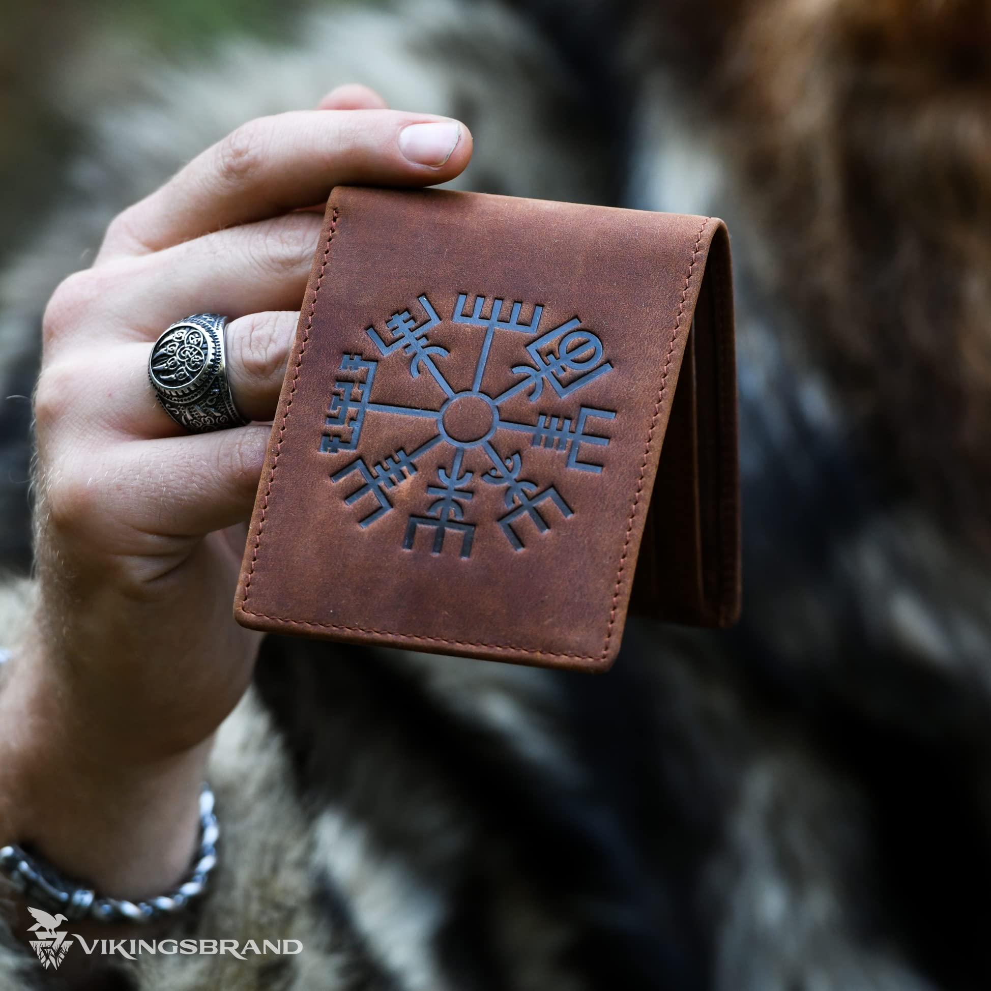 Viking Vegvisir Engraved RFID Blocking Leather Wallet - Genuine Crazy Horse Leather Bifold Wallet with Runic Compass Design for Men, Holds 10 Cards (Brown) - Perfect for Travel, Daily Use & Gift Giving