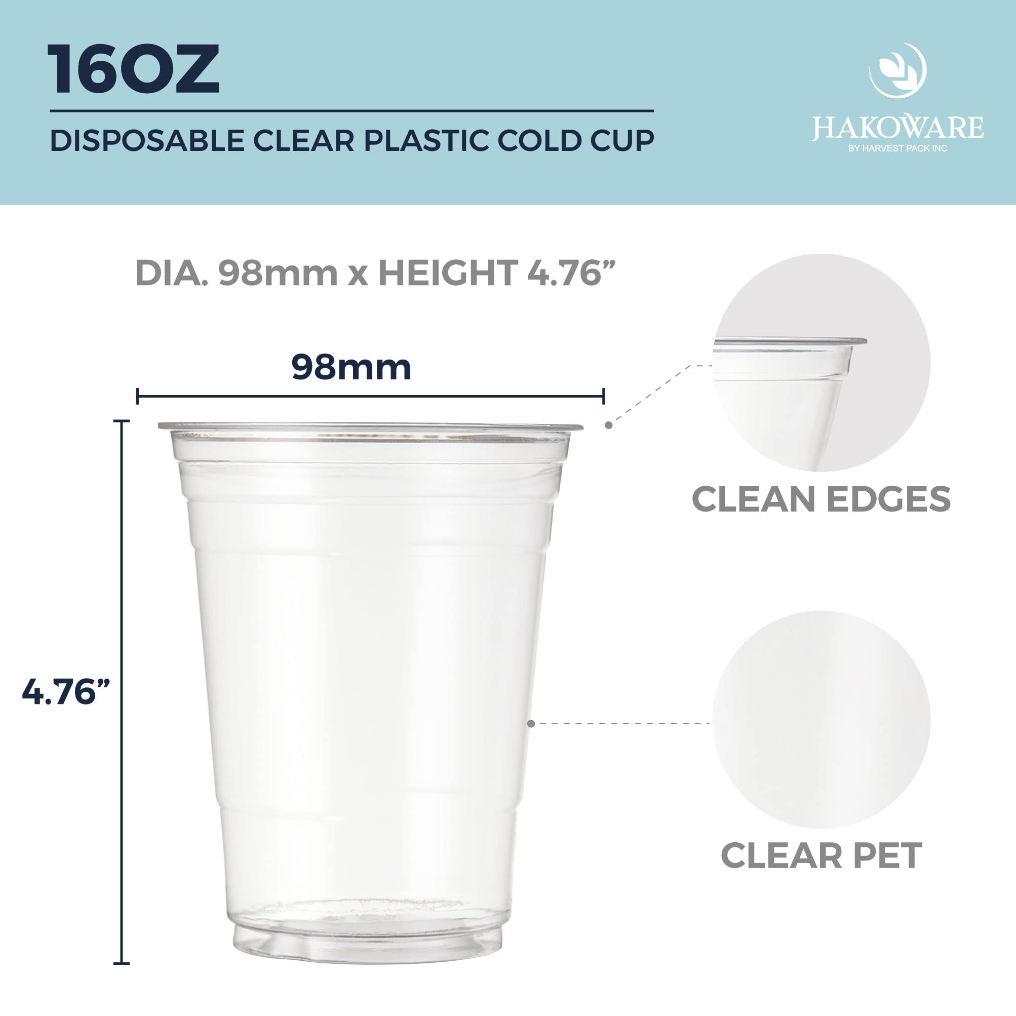 200 Count HAKOWARE 16 oz Ultra Clear Plastic Disposable Cold Cups - Perfect for Iced Coffee, Beer, Juice & Cold Beverages at Weddings, Parties & Events