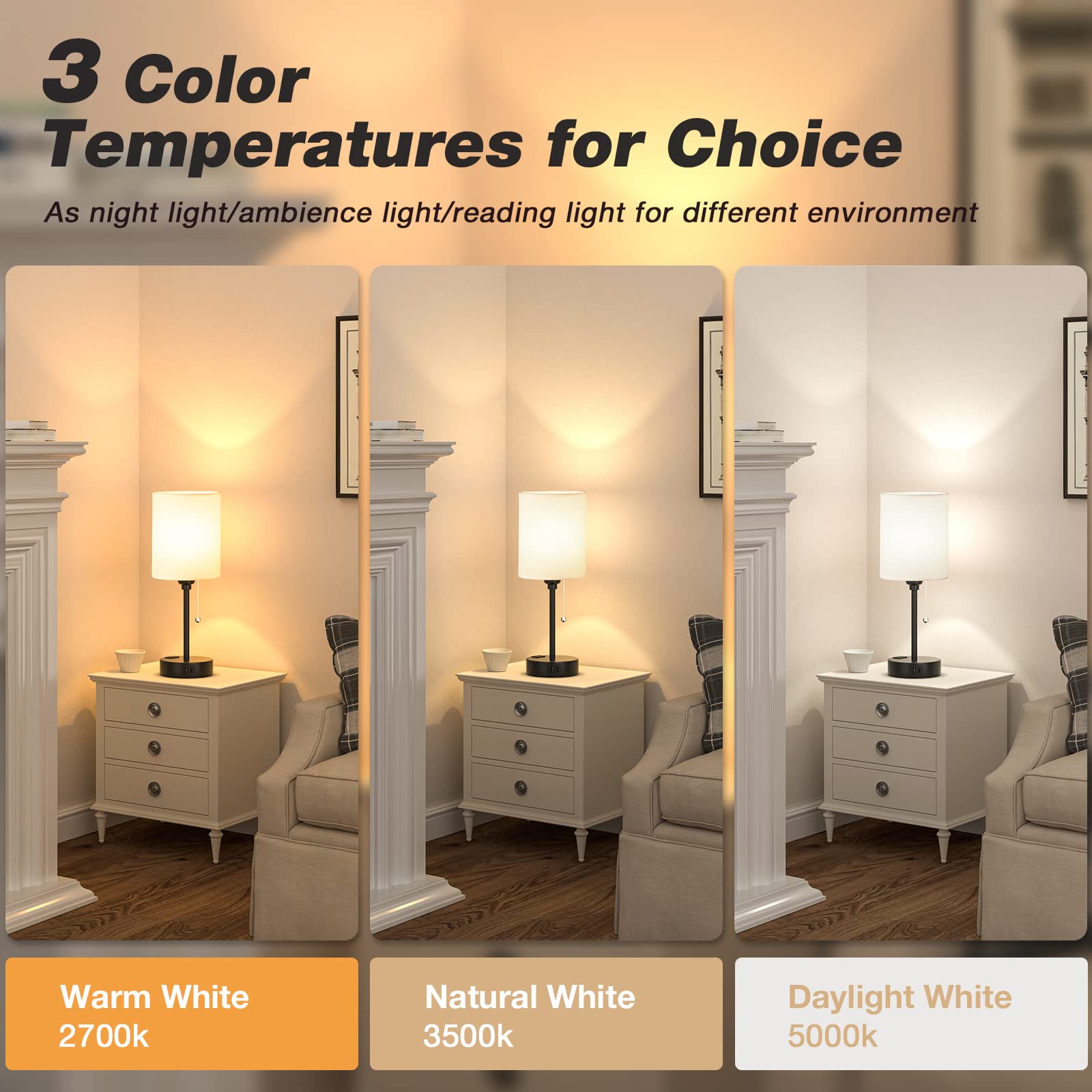 3-Color Temperature USB Bedside Lamp with USB-C/A Ports & AC Outlet - Pull Chain Nightstand Light for Bedroom, Kids Reading, Office Desk - White Modern Table Lamp with Black Metal Base (Dimmable, Space-Saving Design)