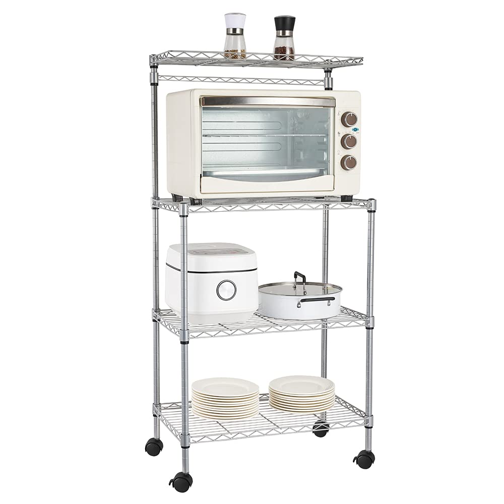 Kcelarec 4-Tier Metal Kitchen Baker's Rack - Adjustable Microwave Stand with 4 Wheels - Heavy Duty Kitchen Storage Organizer for Pantry, Spice, Utensils & Small Appliances - Perfect for Home, Restaurant & Commercial Kitchens
