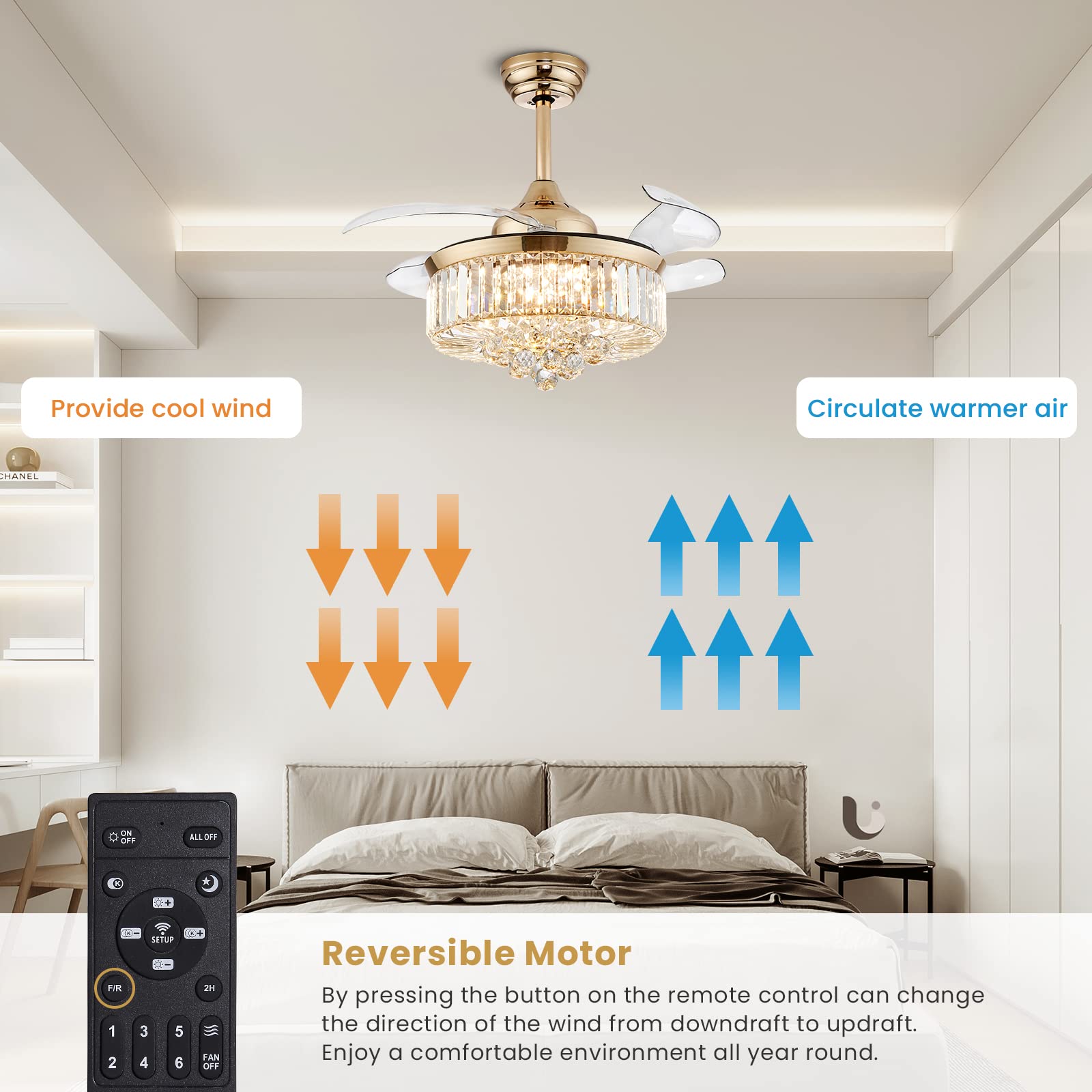 Modern Crystal Ceiling Fan with LED Light - 36