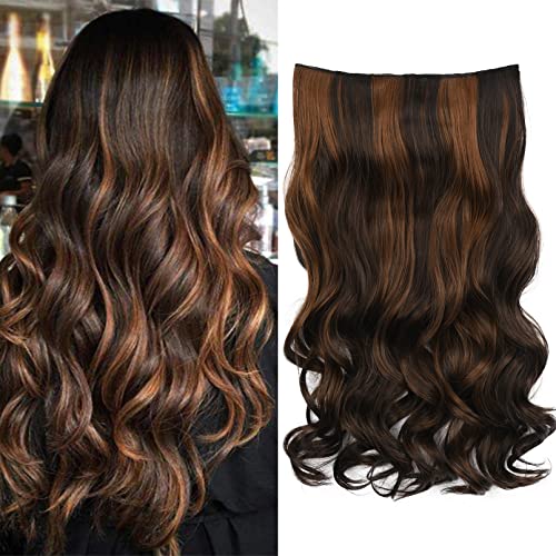 REECHO 1-Pack 12 Inch Synthetic Hair Extensions with 5 Clips - 3/4 Full Head Wavy Clip-in Hairpieces for Women (Dark Brown with Chestnut Highlights) - Perfect for Parties, Weddings & Daily Styling