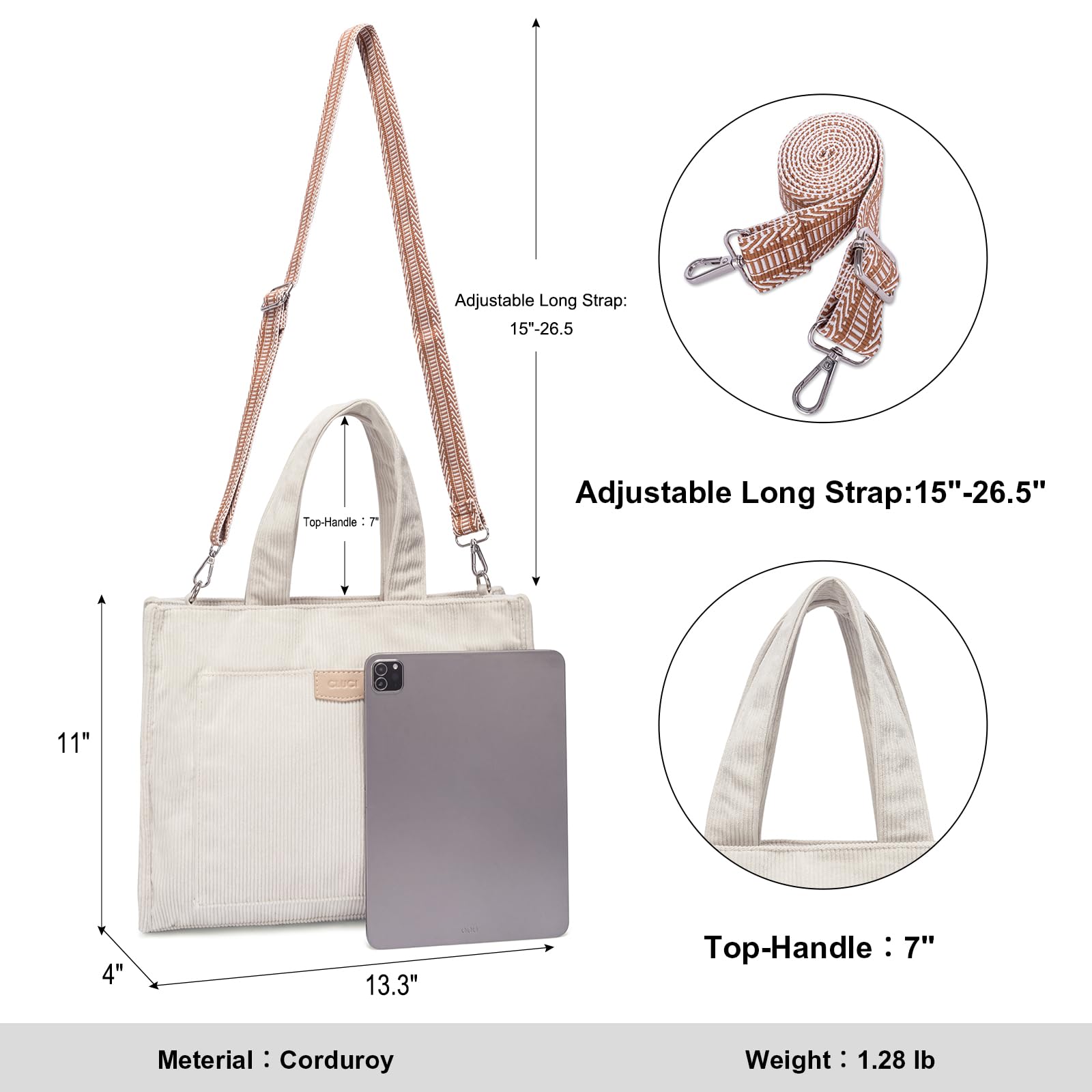 CLUCI Women's Corduroy Tote Bag with Zipper - Stylish Casual Shoulder Handbag & Hobo Purse for Work, Travel and Everyday Use