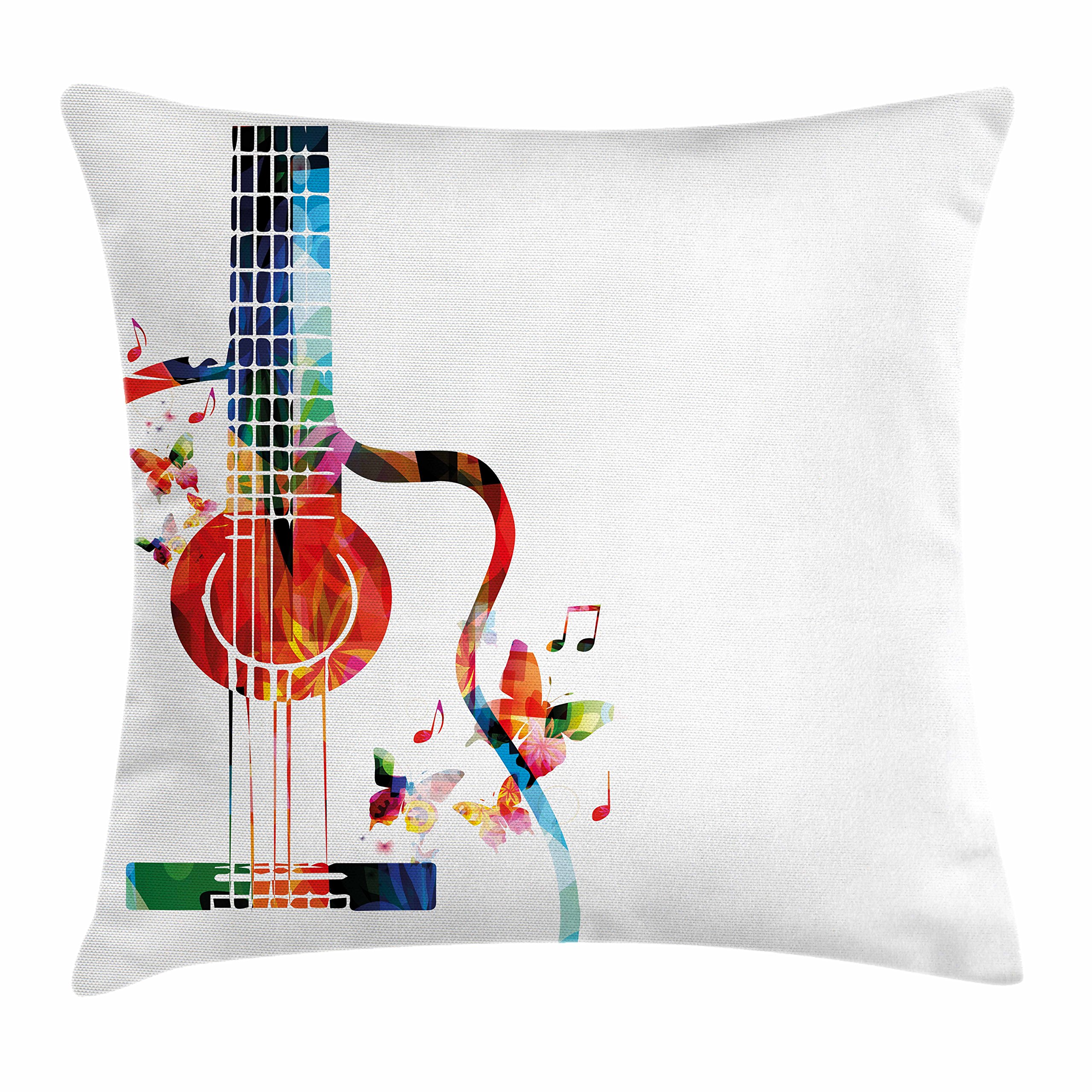 Ambesonne Guitar Throw Pillow Cover 16x16 Inches - Colorful Polygonal Musical Instrument Design with Strings & Butterflies - Decorative Square Cushion Case for Living Room, Bedroom, or Music Studio Decor