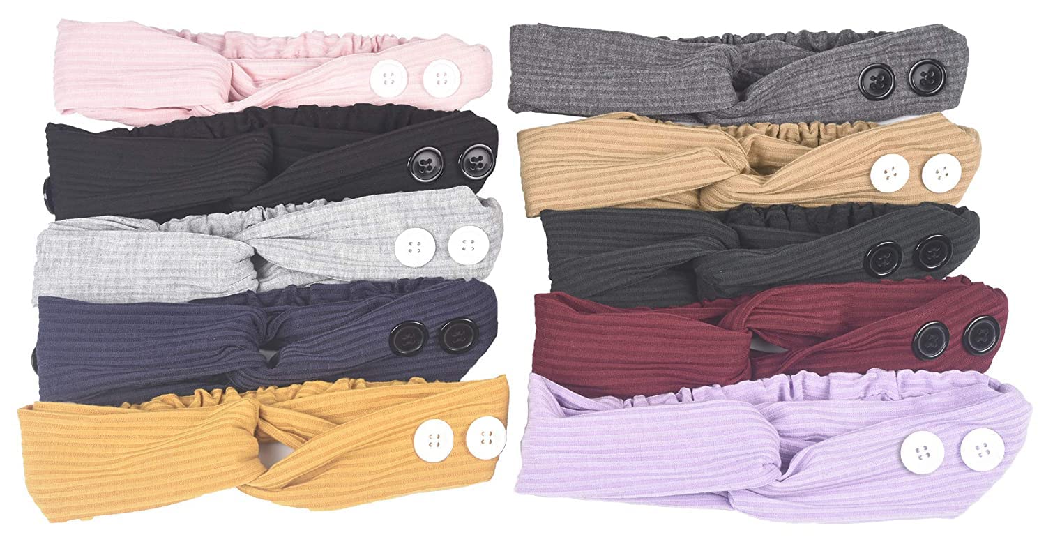 10 PCS Button Headbands for Face Masks - Stretchy Knotted Boho Hair Bands for Women - Lightweight Elastic Exercise Headbands for Nurses & Doctors - Ear Protection for Workouts, Medical Shifts & Daily Wear